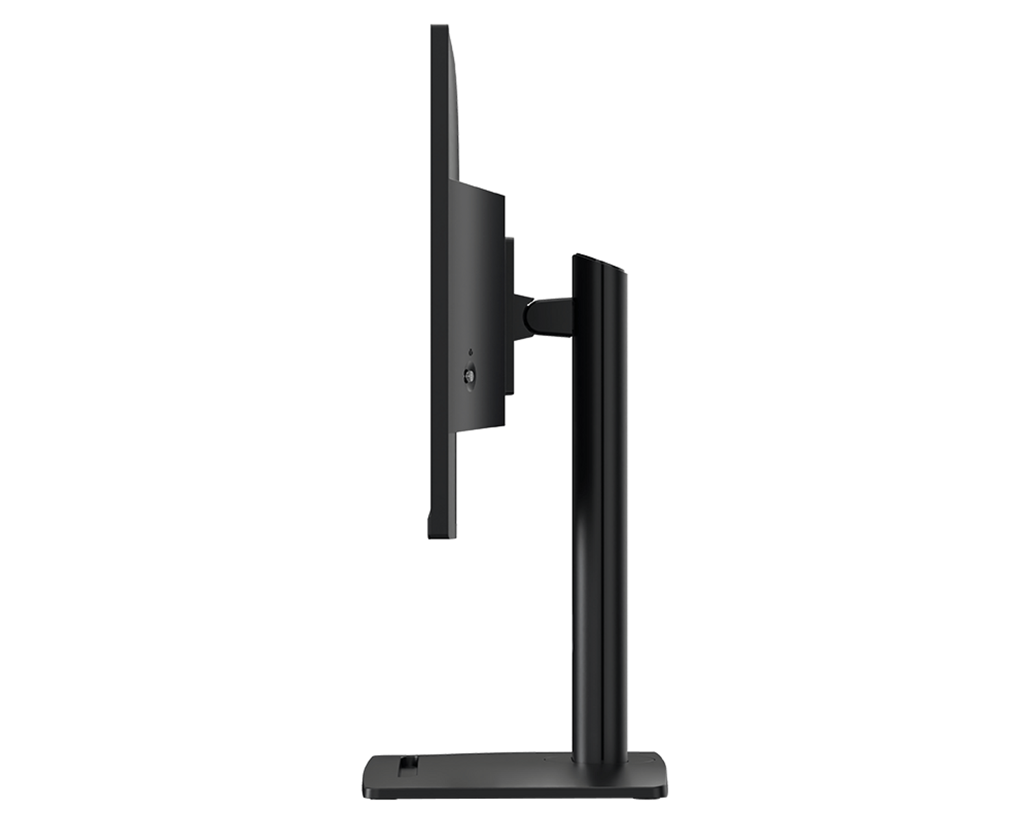 Widok z boku czarnego monitora komputera na stojaku, na czarnym tle.