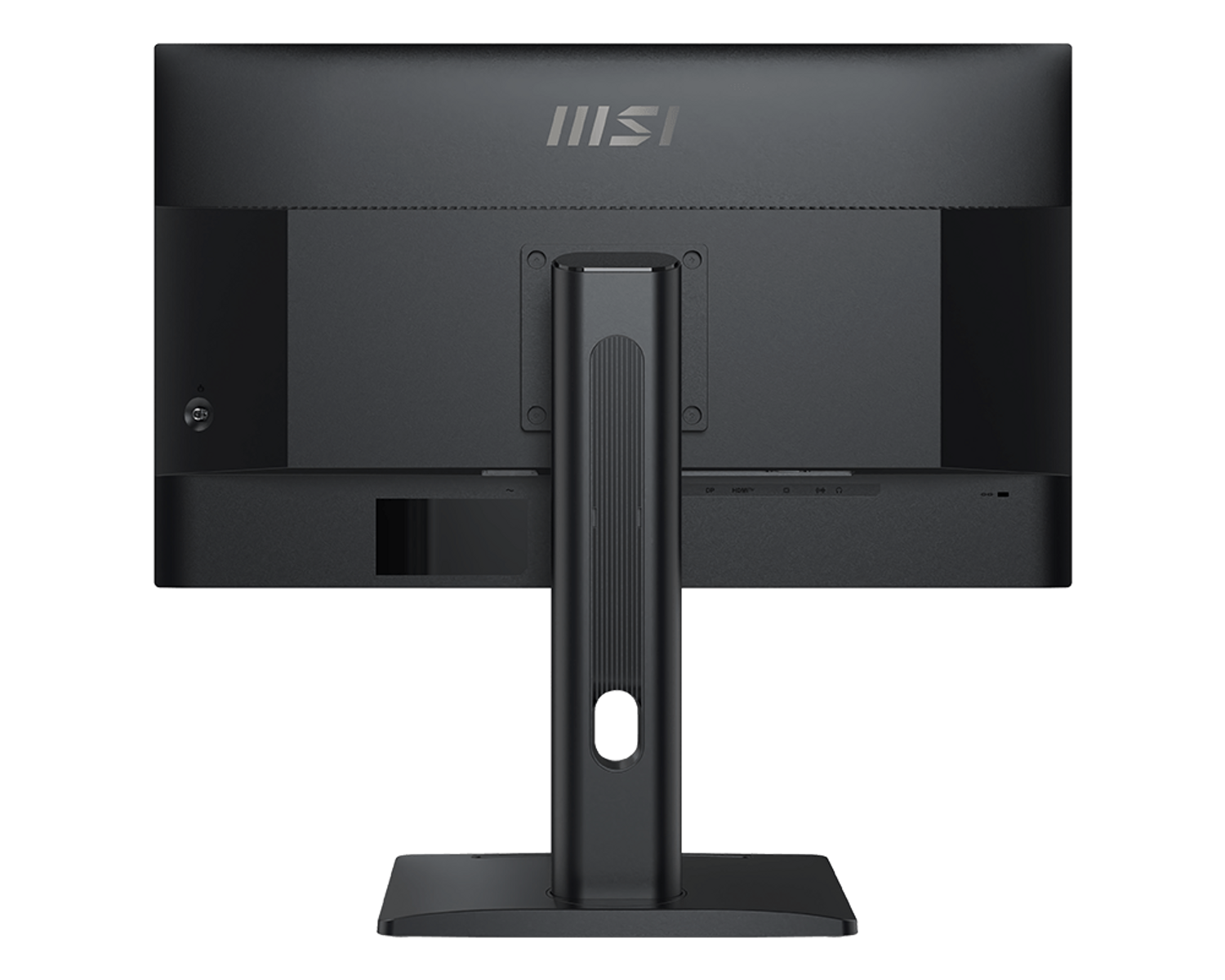 Czarny monitor komputerowy z tyłu ze stojakiem. Czarne tło.