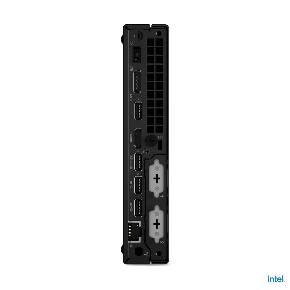 PC nero con porte. HDMI, USB, Ethernet. Logo Intel in basso.