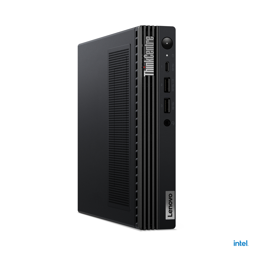 Computer Lenovo nero. Vista frontale. Porte e logo visibili.