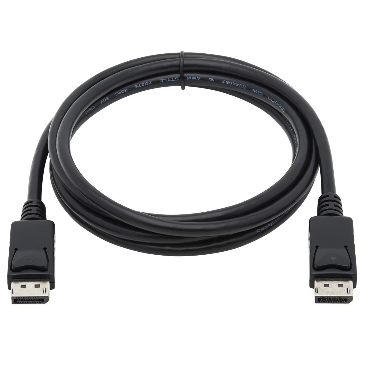 Cavo DisplayPort nero. Connettori su sfondo bianco.
