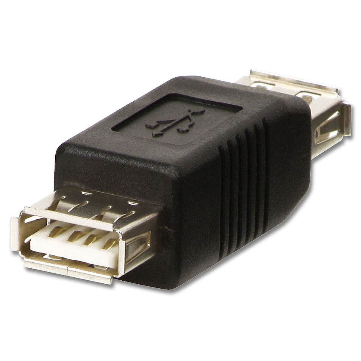 Adattatore USB nero. Due porte USB femmina e una porta USB maschio.