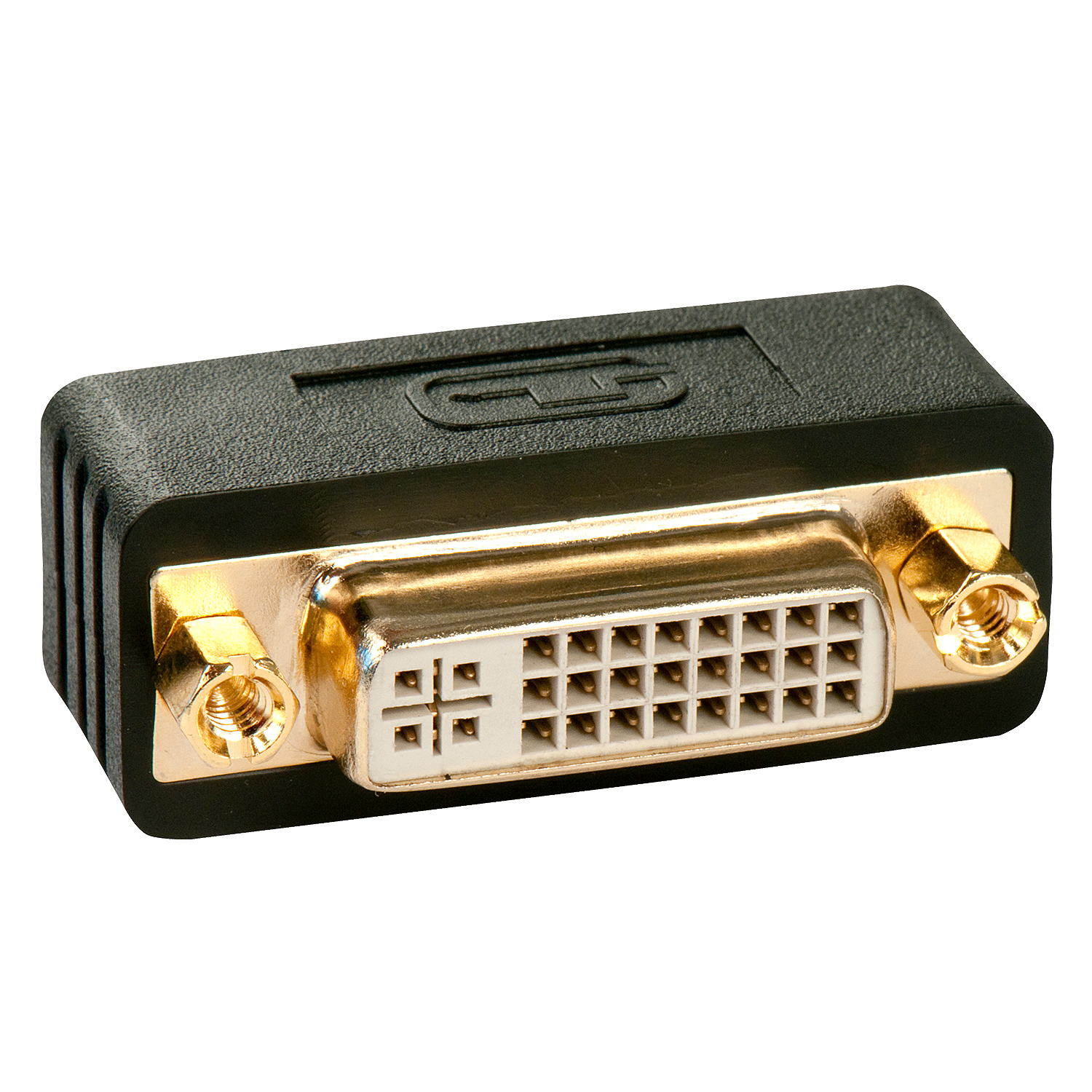 Black DVI to DVI adapter. Gold connectors visible at each end. White background.
