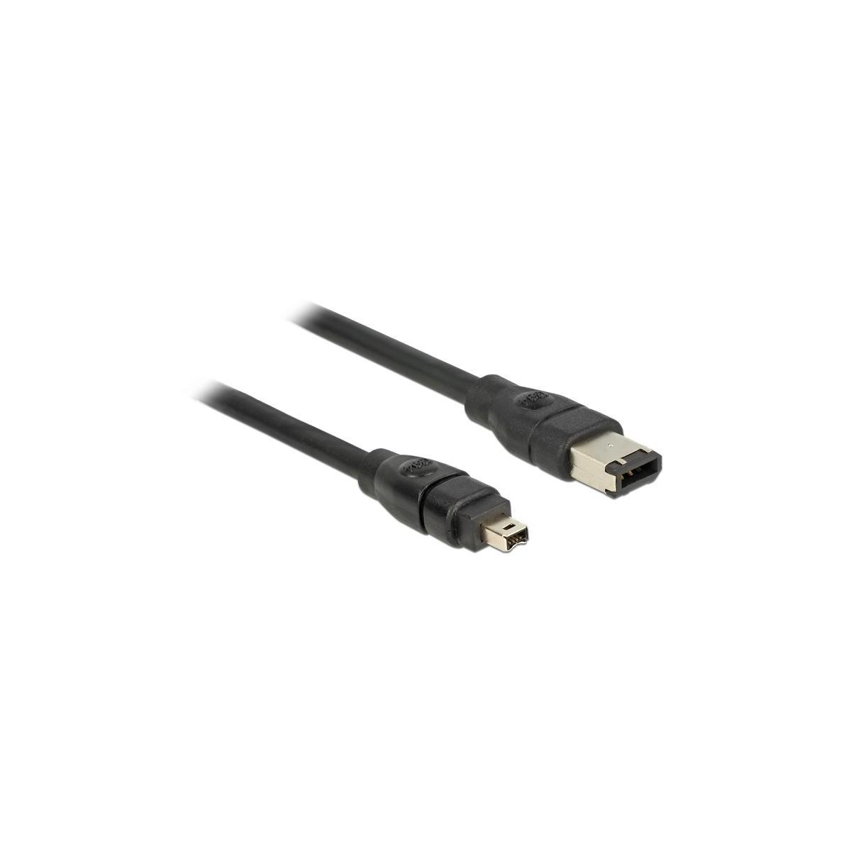 Cavo FireWire nero con un connettore piccolo e uno più grande su sfondo bianco.