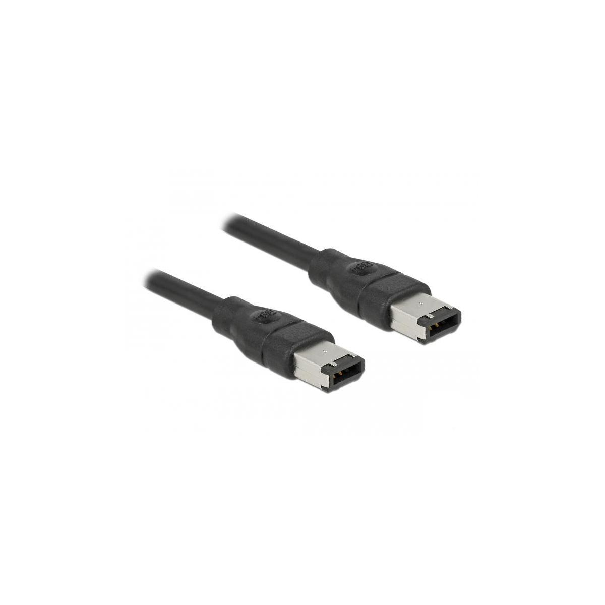Due cavi FireWire neri con connettori a ciascuna estremità, su sfondo bianco.
