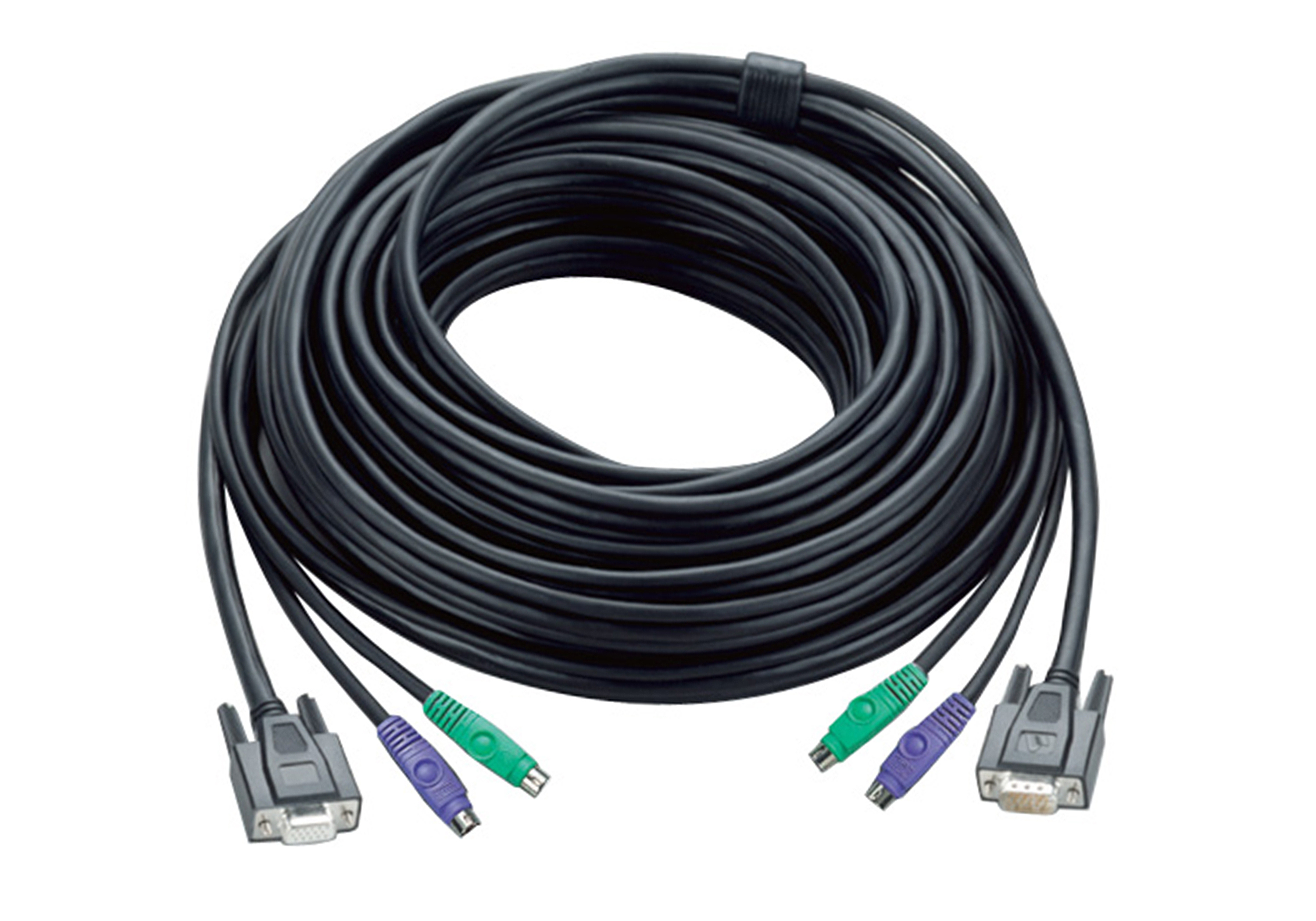 Cavo nero con due connettori VGA e spine verdi e viola, arrotolato.