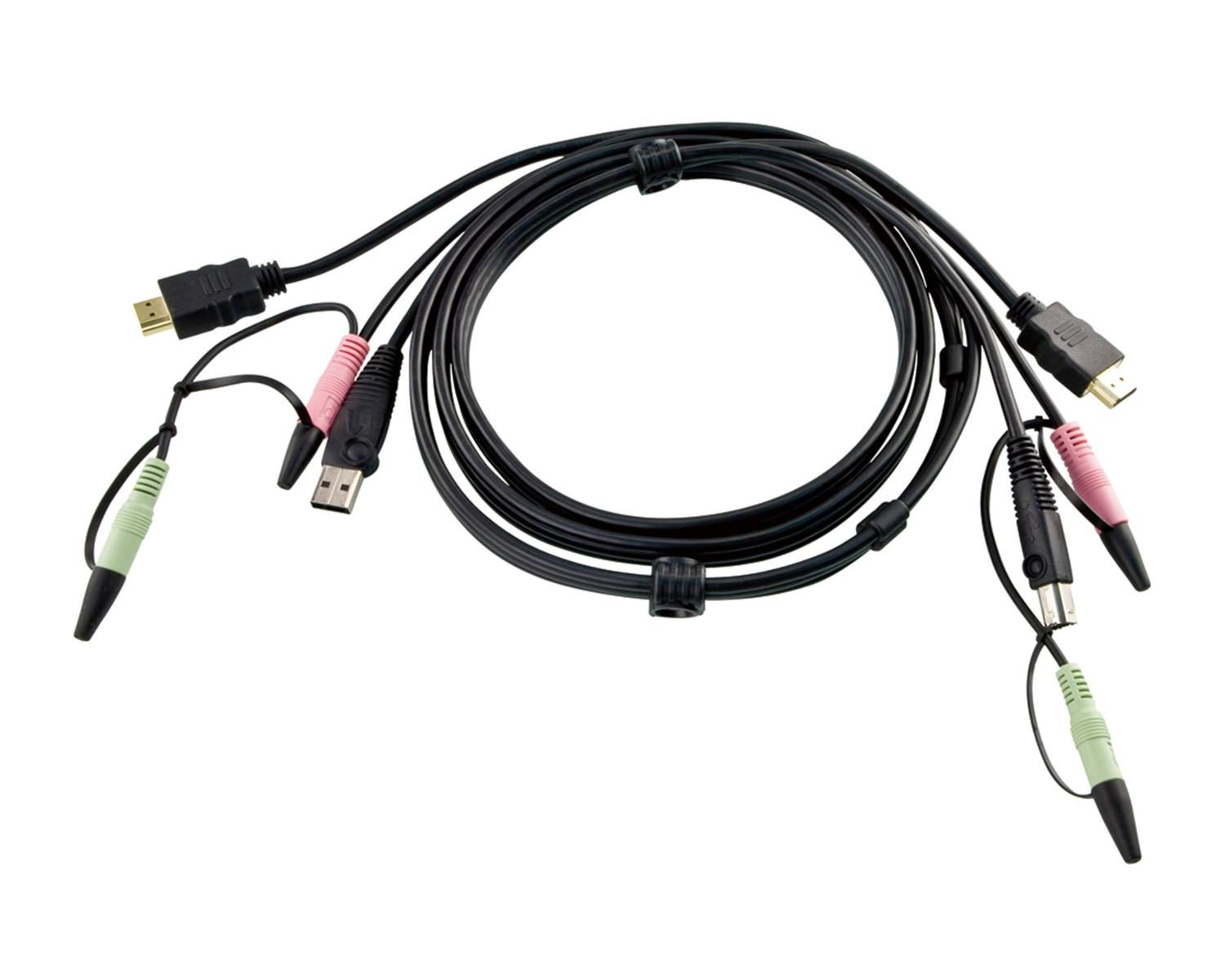 Cavo nero con diversi connettori: HDMI, USB, audio e un fascio di cavi.