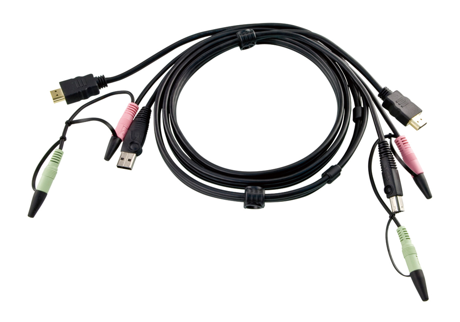 Czarny kabel z kilkoma złączami: HDMI, USB, audio i wiązka kabli.