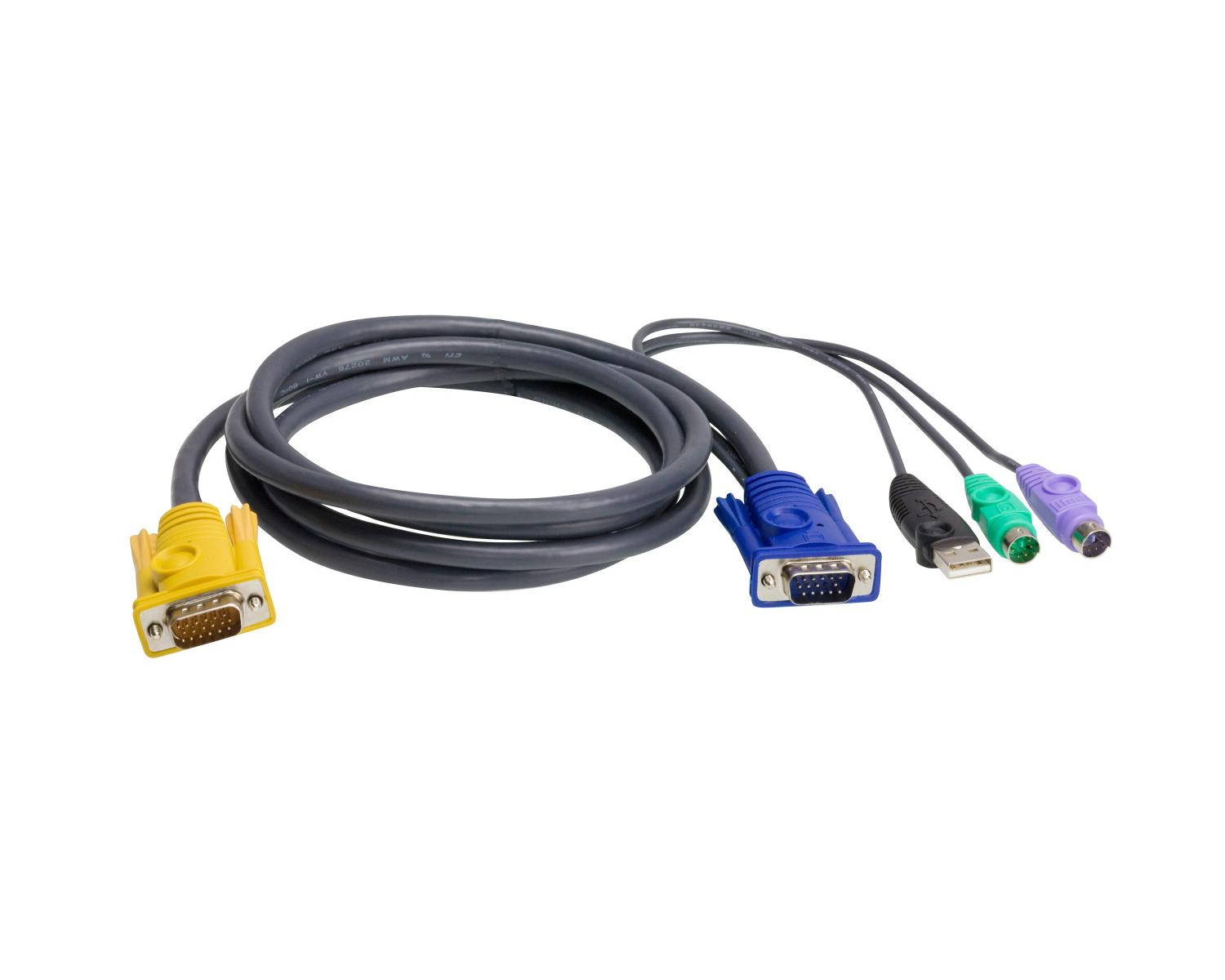 Cavo grigio con connettori VGA e PS/2. Connettori VGA gialli e blu, connettore USB.