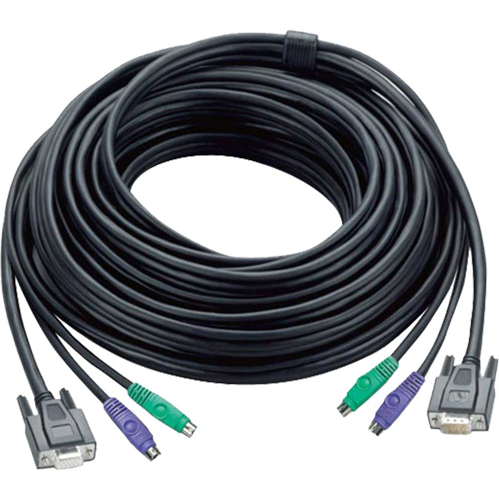 Cavo nero con due connettori VGA e spine verdi e viola, arrotolato.