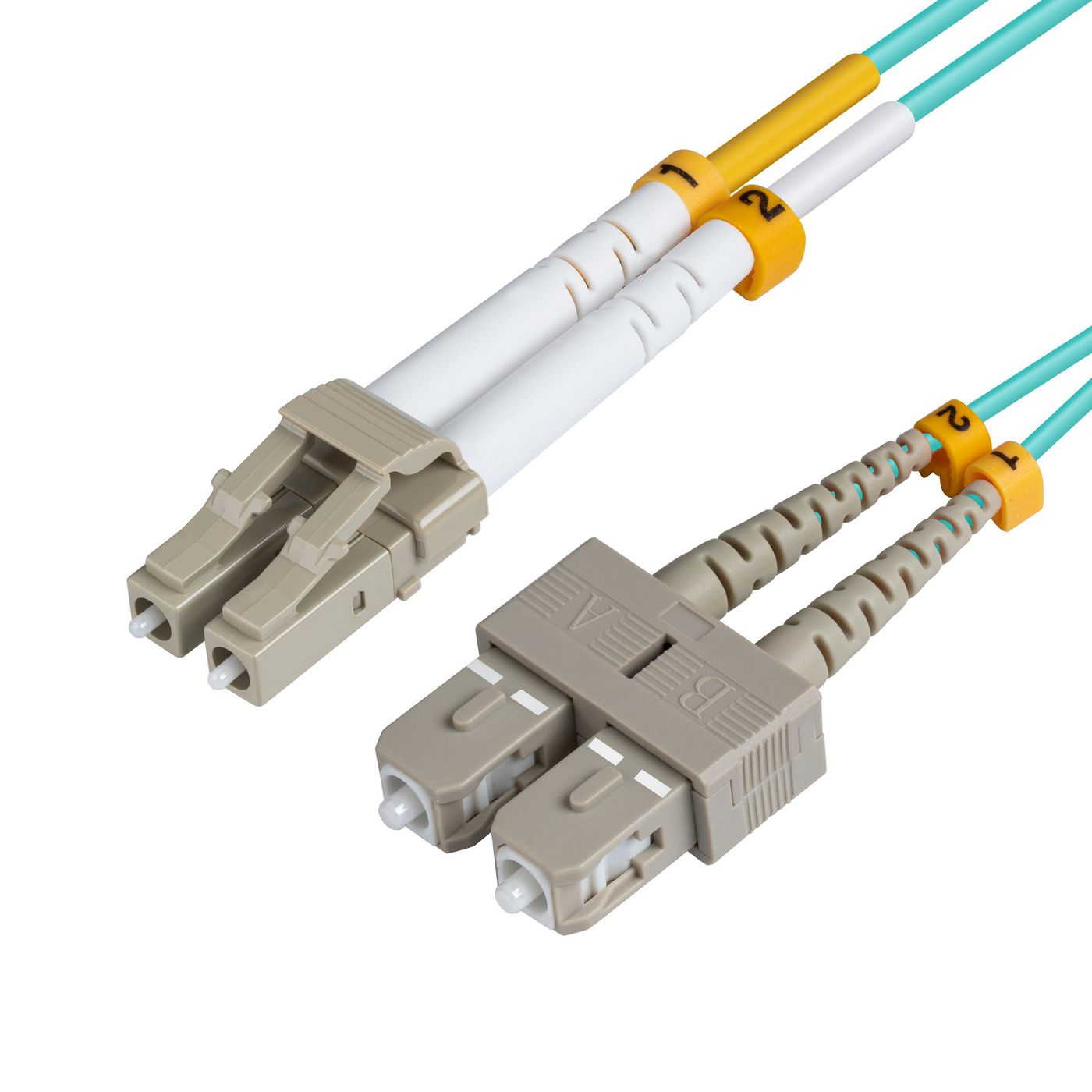 Cavi in fibra ottica con due connettori beige. Cavi bianchi e numerati 1 e 2.