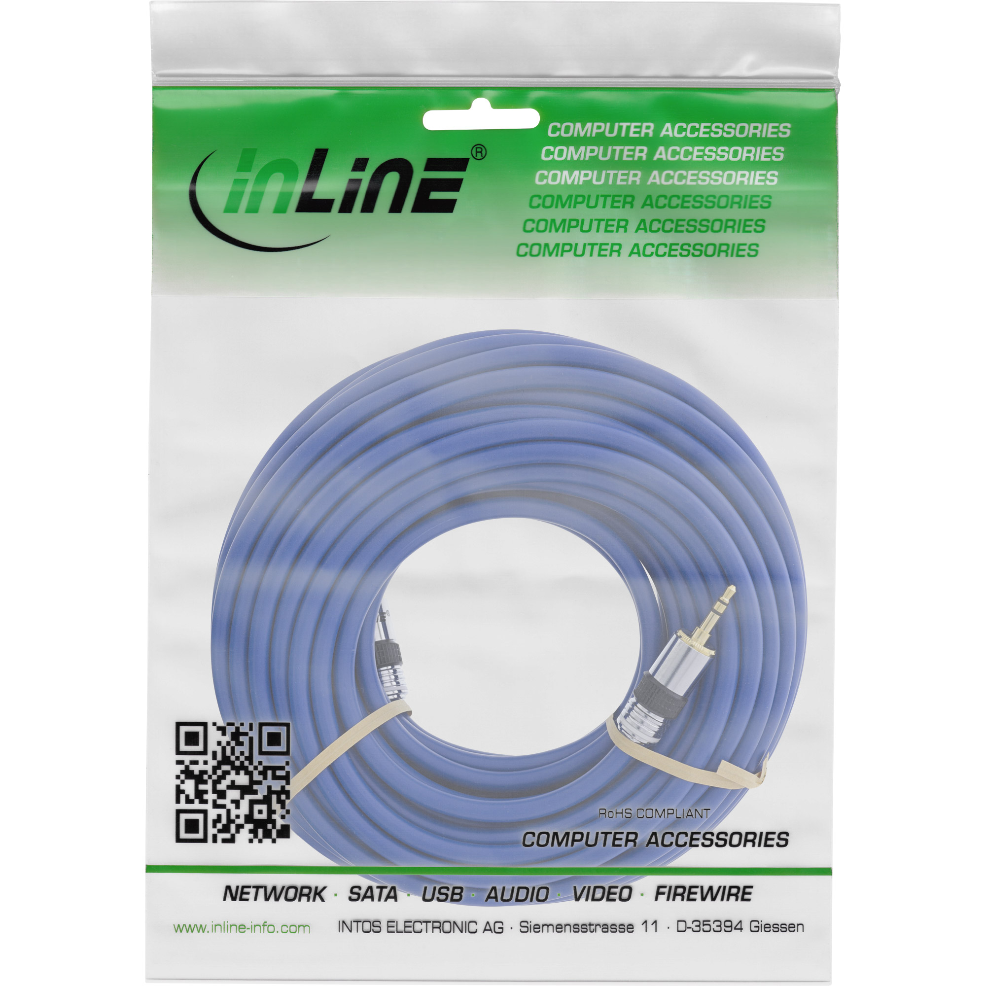 Blaues Audiokabel in einer Plastiktüte. Text auf der Tüte: Computerzubehör.