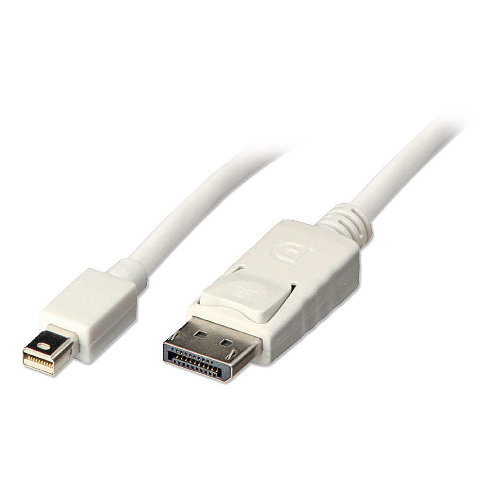 Un cavo bianco con mini DisplayPort e connettore DisplayPort. Sfondo bianco.