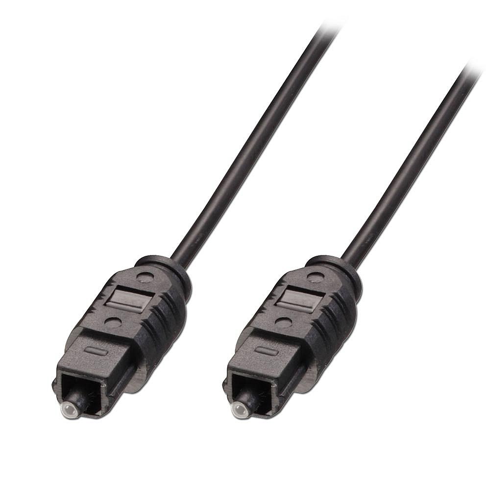 Due cavi audio ottici neri con connettori neri, su sfondo bianco.