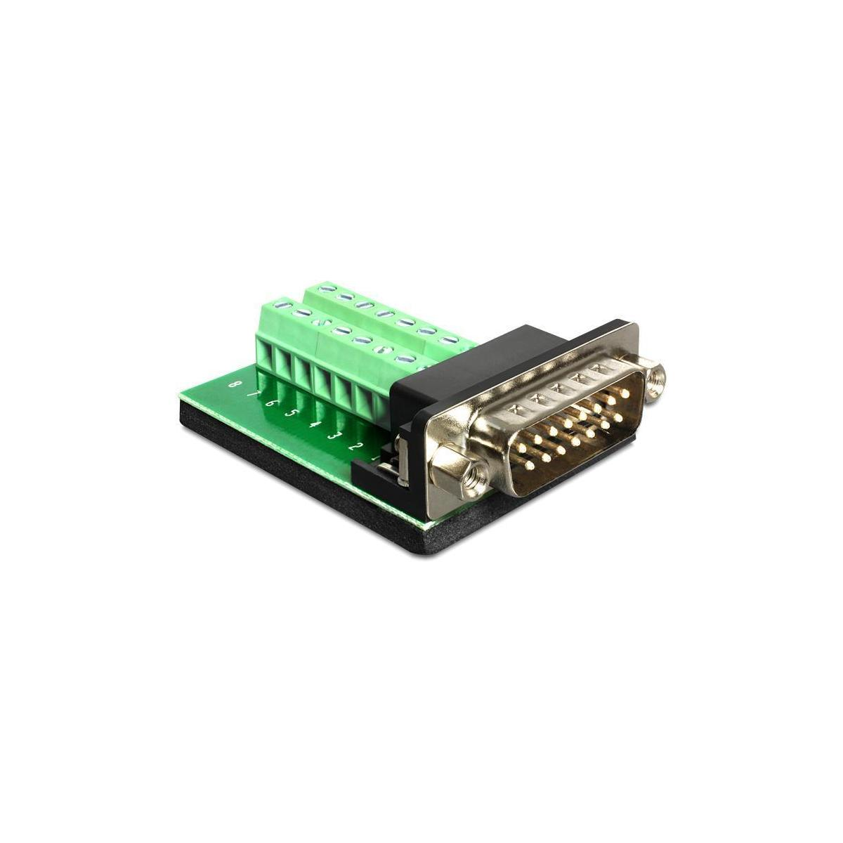 Un connettore verde su base nera con connettore DB25, su sfondo bianco.