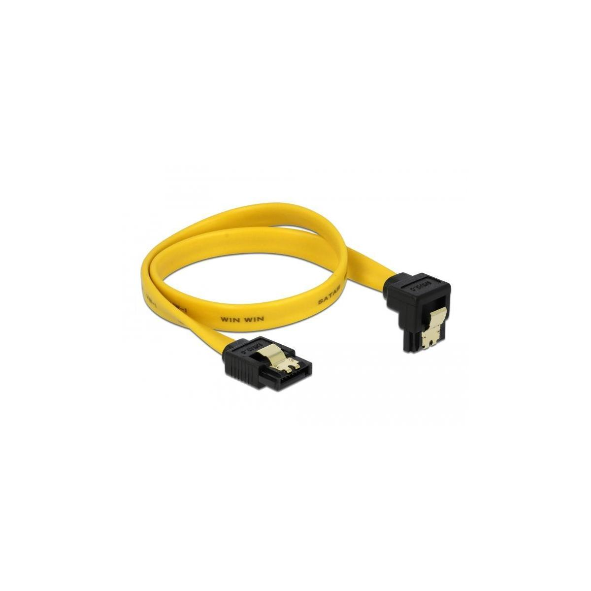 Cavo SATA giallo con connettori neri, curvo. Sfondo bianco.