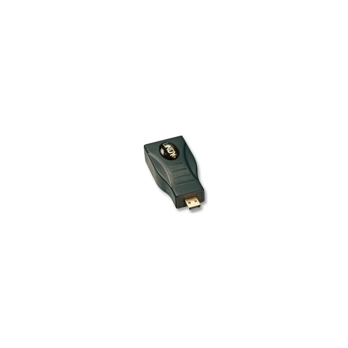 Un adattatore LINDY nero su bianco. Ha un connettore mini HDMI.