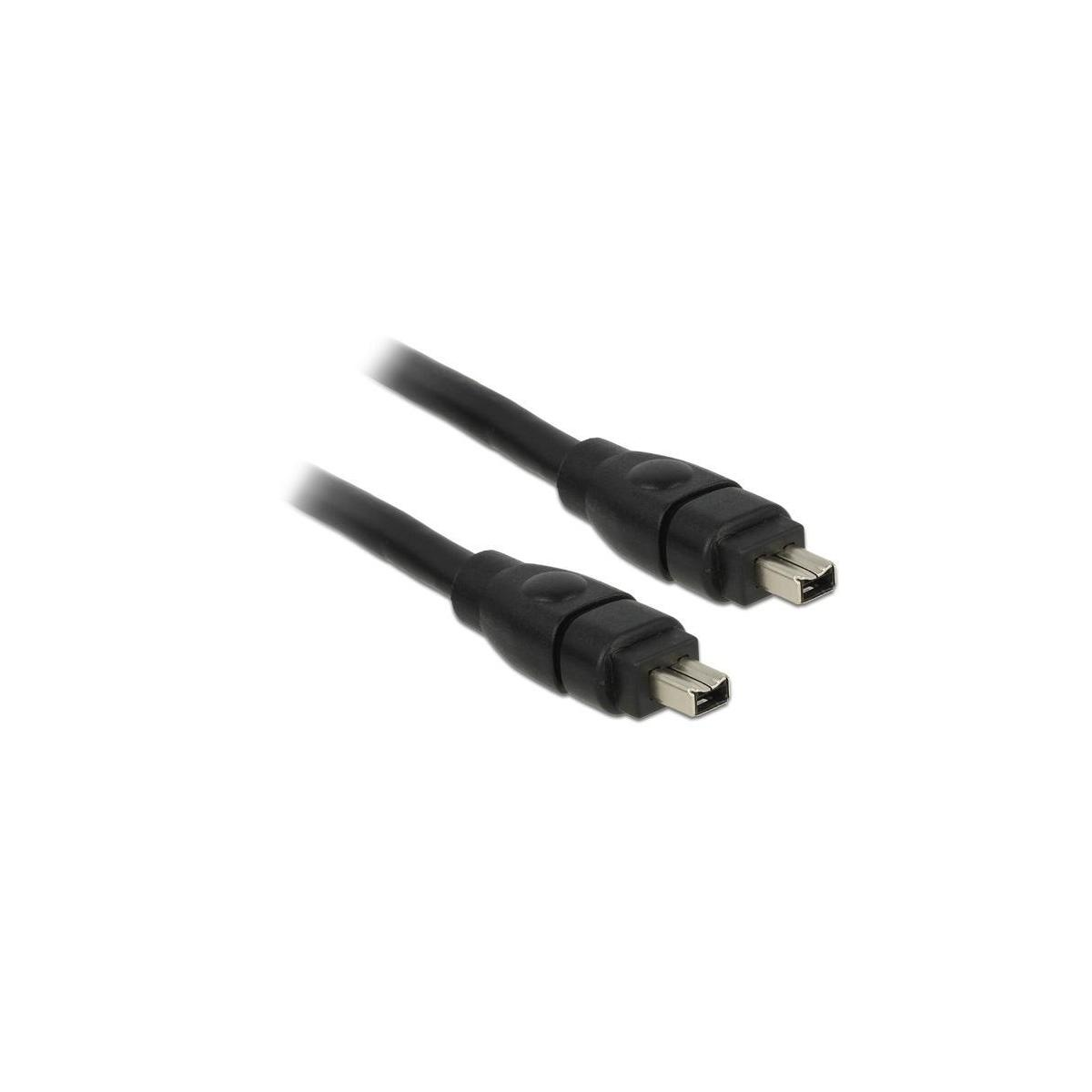 Due cavi FireWire neri con piccoli connettori, su sfondo bianco.