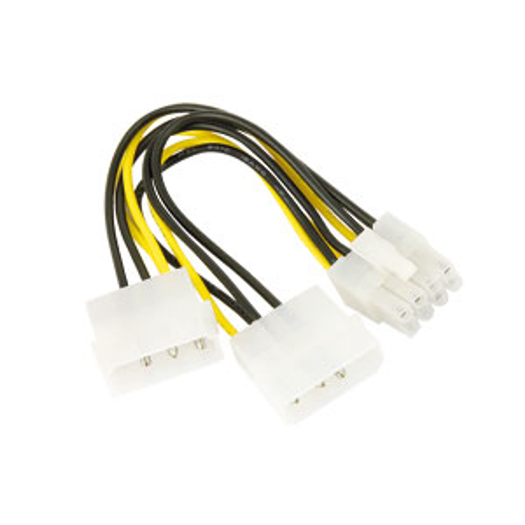 Un cable de alimentación negro y amarillo con múltiples conectores sobre fondo blanco.