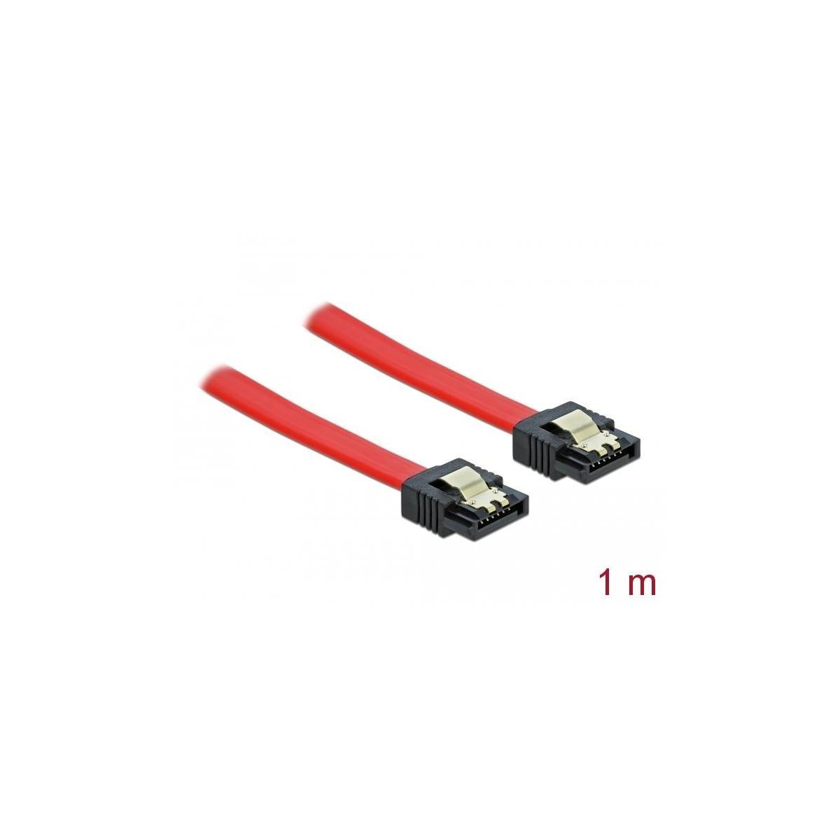 Twee rode SATA-kabels met zwarte connectoren, witte achtergrond en tekst '1 m'.