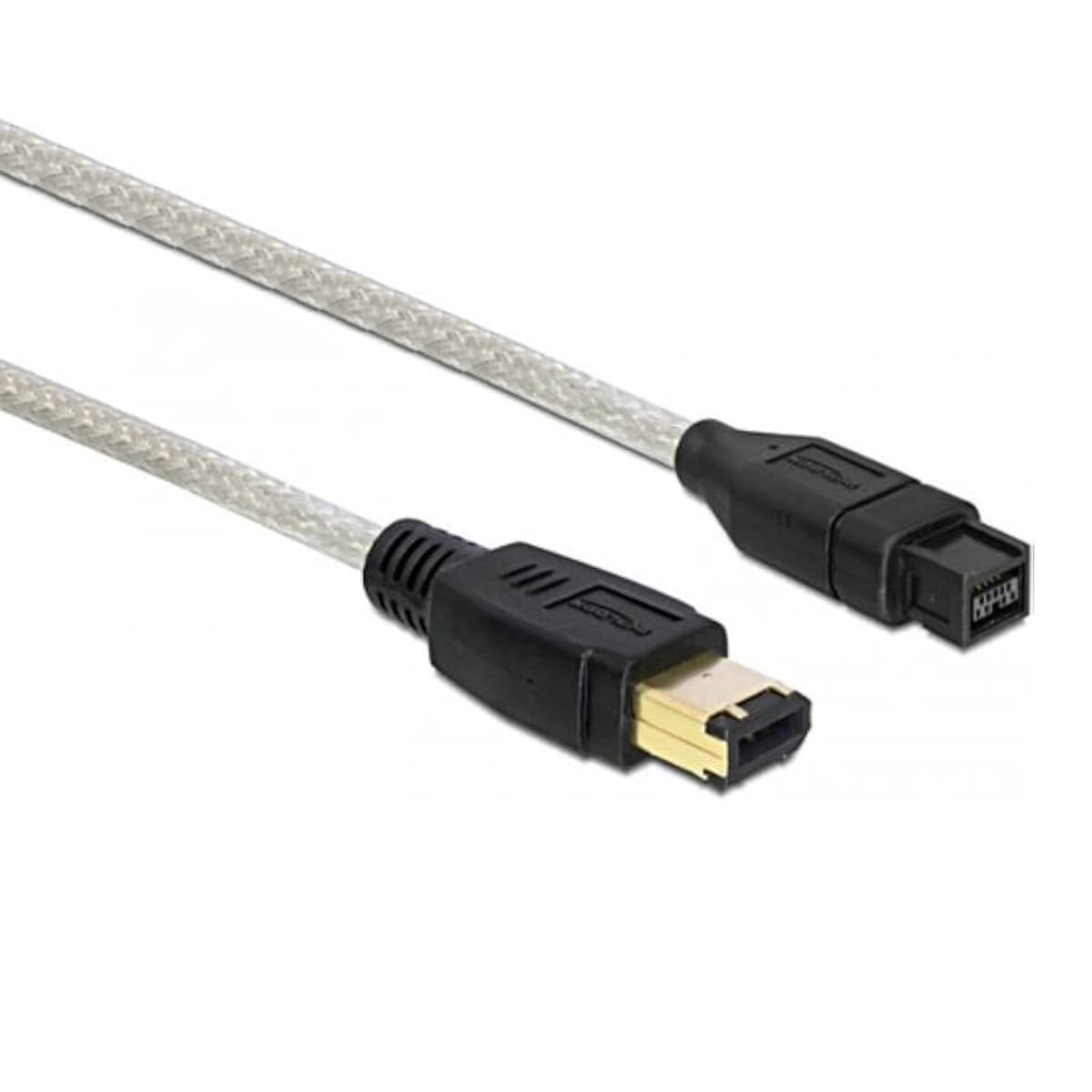 Cavo FireWire argentato con connettori neri. Sfondo bianco.