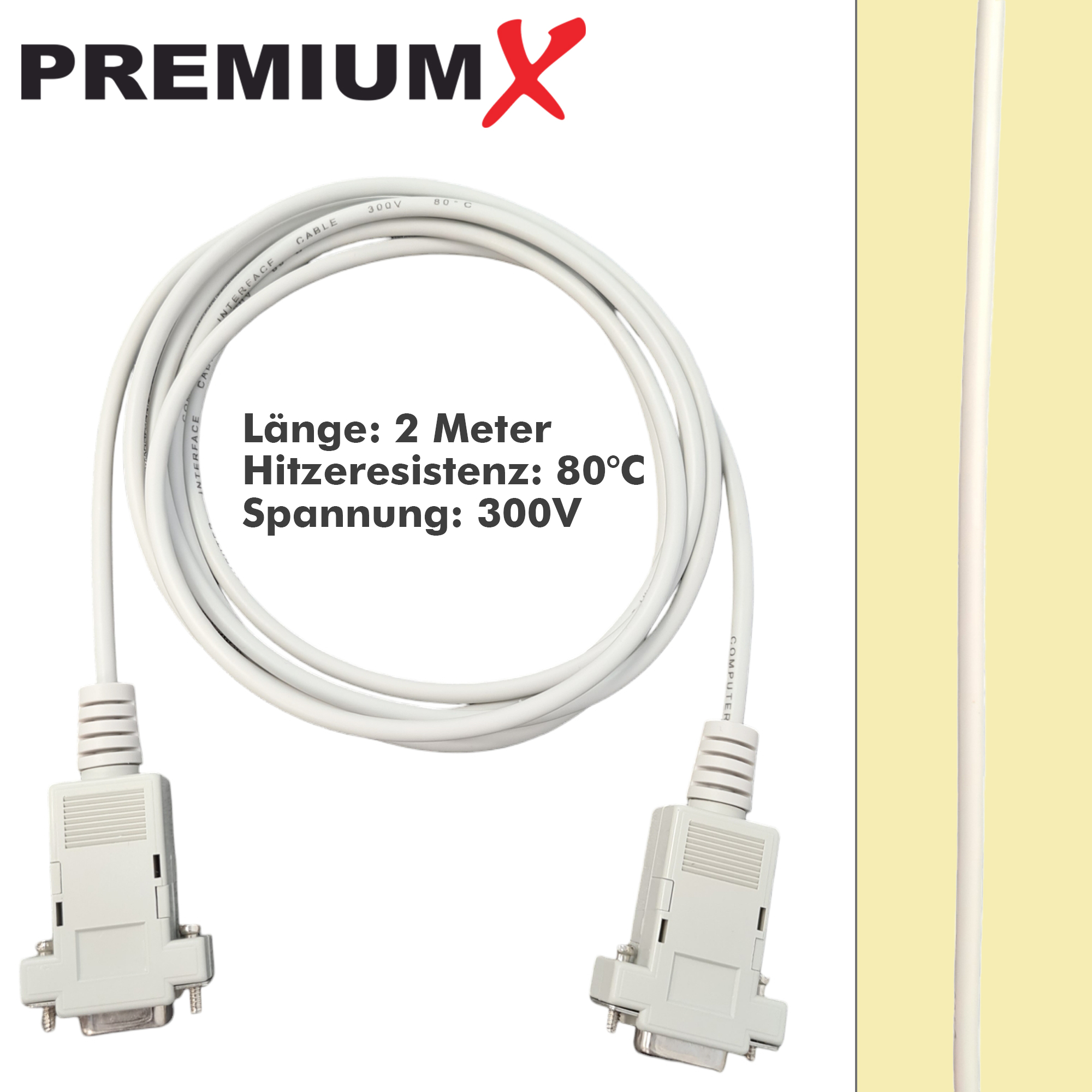 Cavo bianco con connettori. Il testo indica 2m, 80°C e 300V. Il logo PremiumX è visibile.