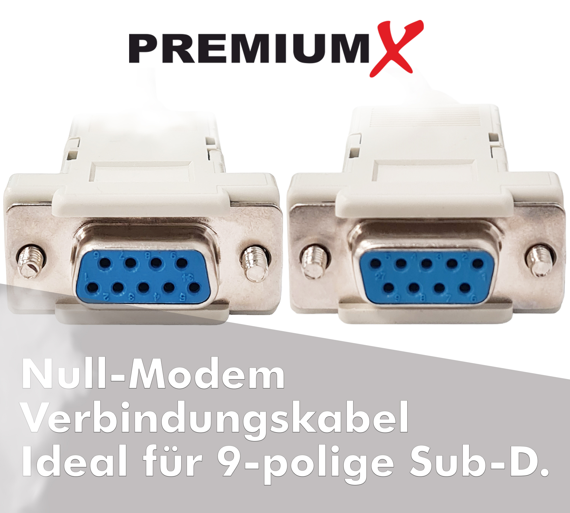 Due connettori grigi con pin blu. Testo: Null-Modem e ideale per Sub-D a 9 pin. Logo PremiumX.