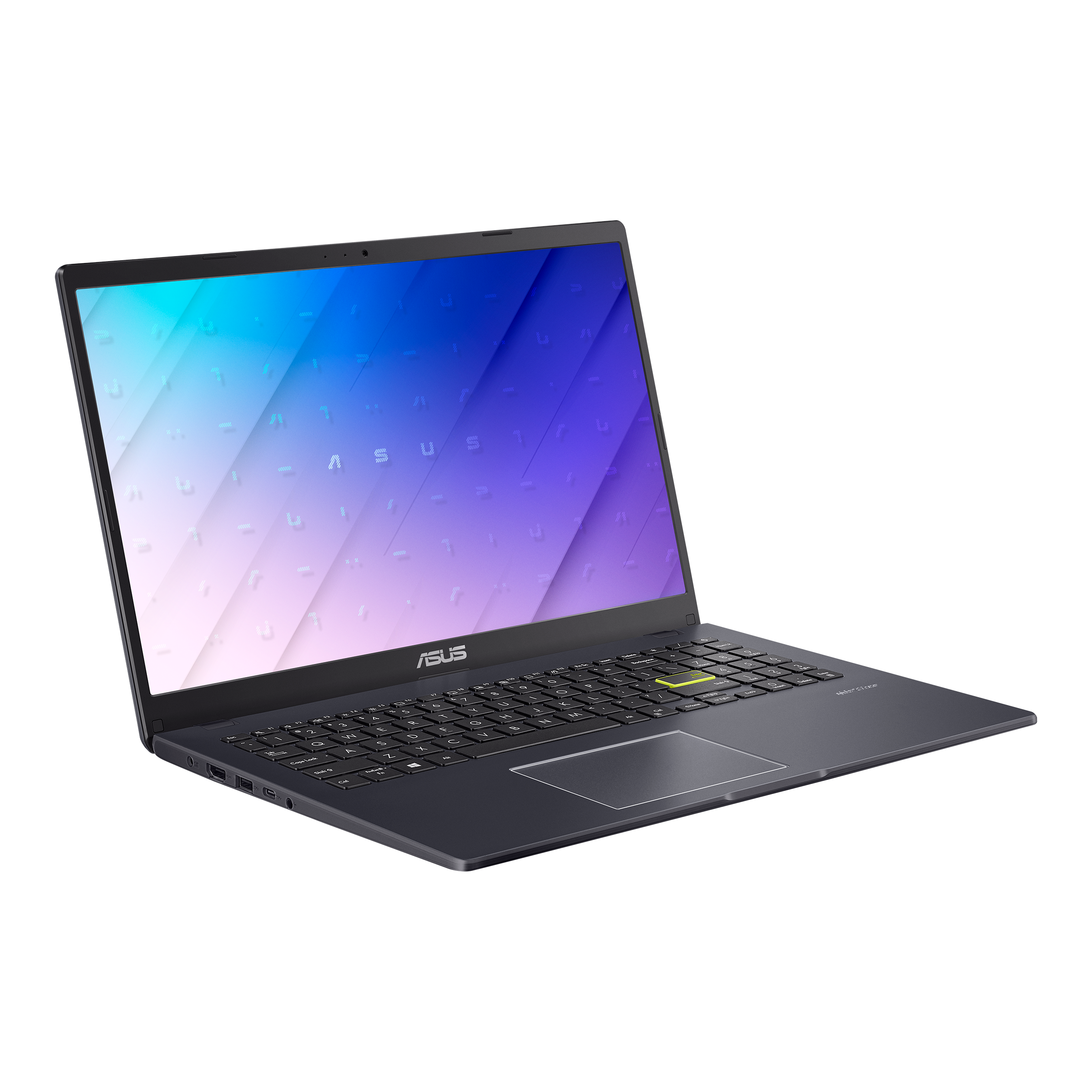 Un laptop con corpo grigio scuro e schermo con sfumatura blu e viola.