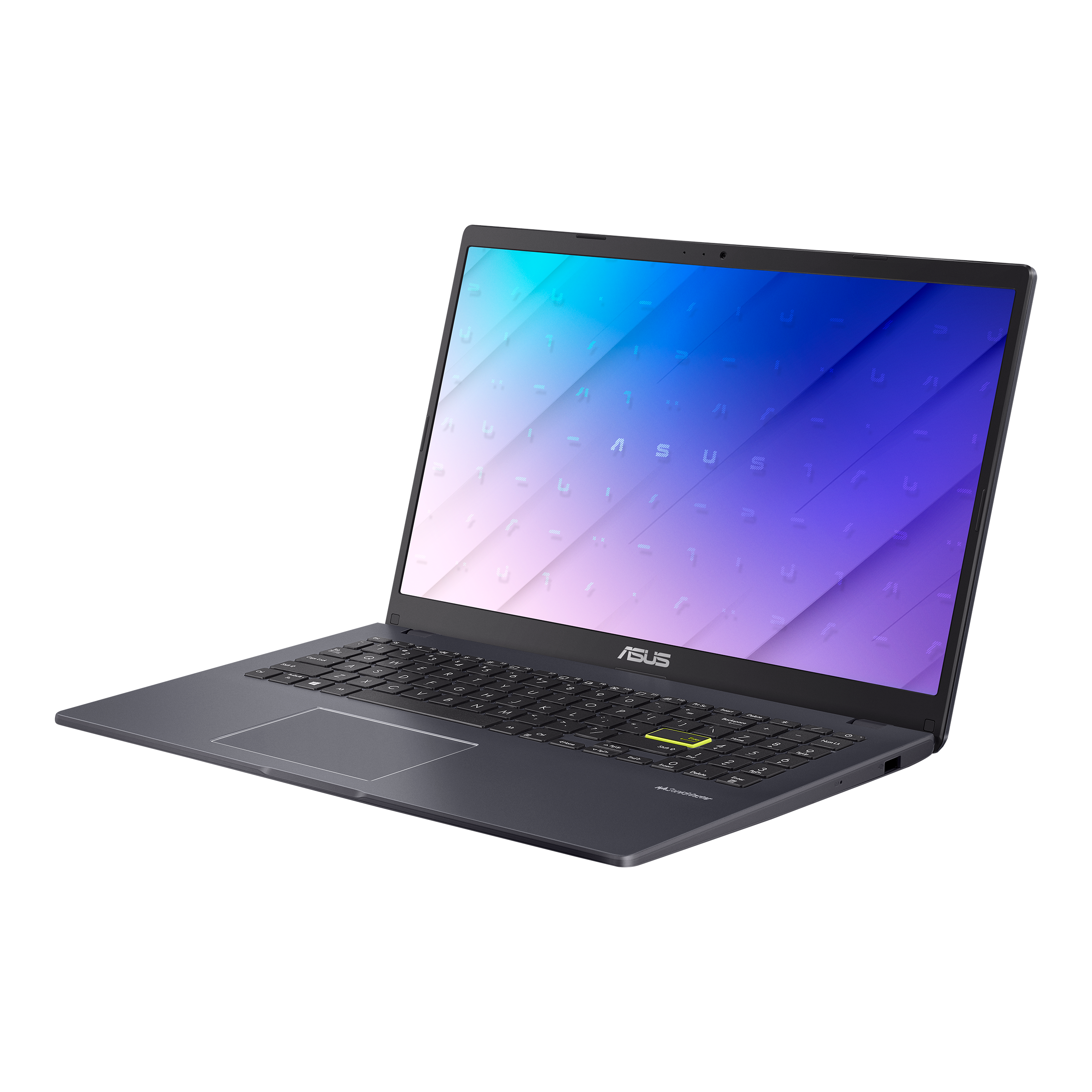Laptop su sfondo nero, lo schermo mostra una sfumatura blu e viola.