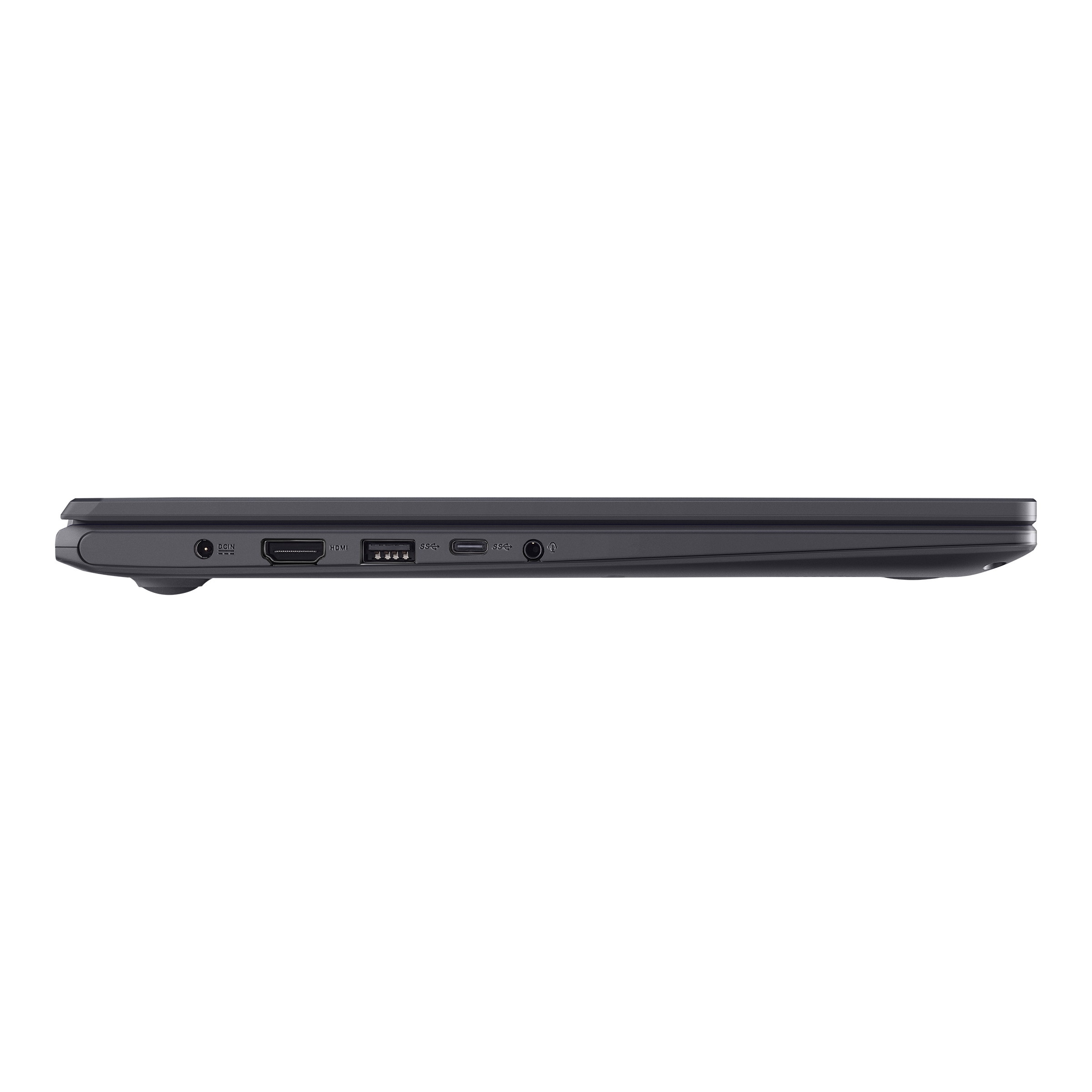 Laptop grigio scuro visto di lato. Porte visibili lungo il lato. Sfondo nero.