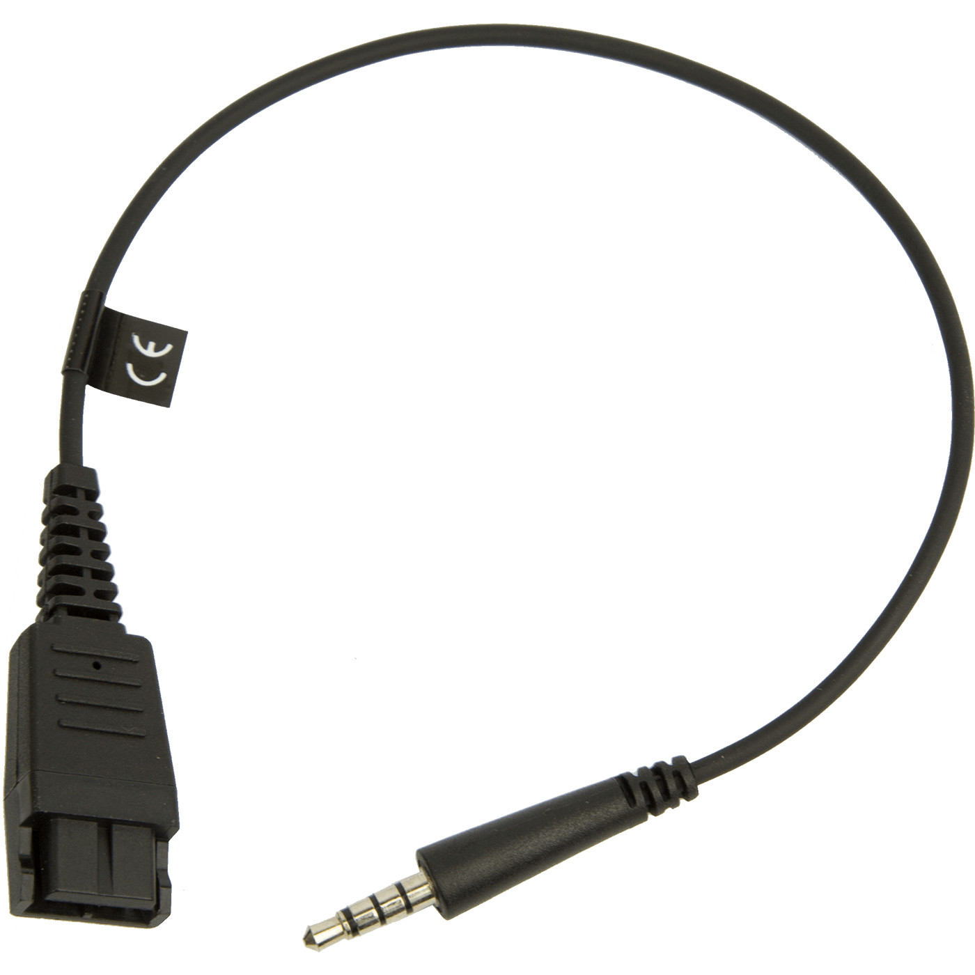 Cable negro, con un conector jack de 3,5 mm y un conector. El fondo es blanco.