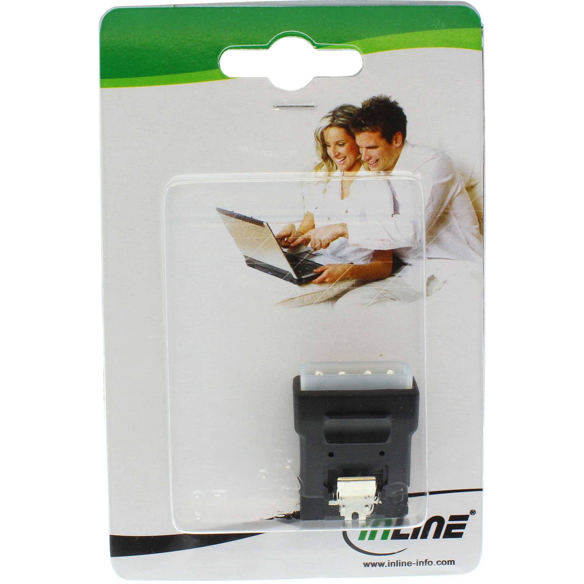 Una confezione contenente un adattatore flash. La confezione mostra una coppia che utilizza un laptop.