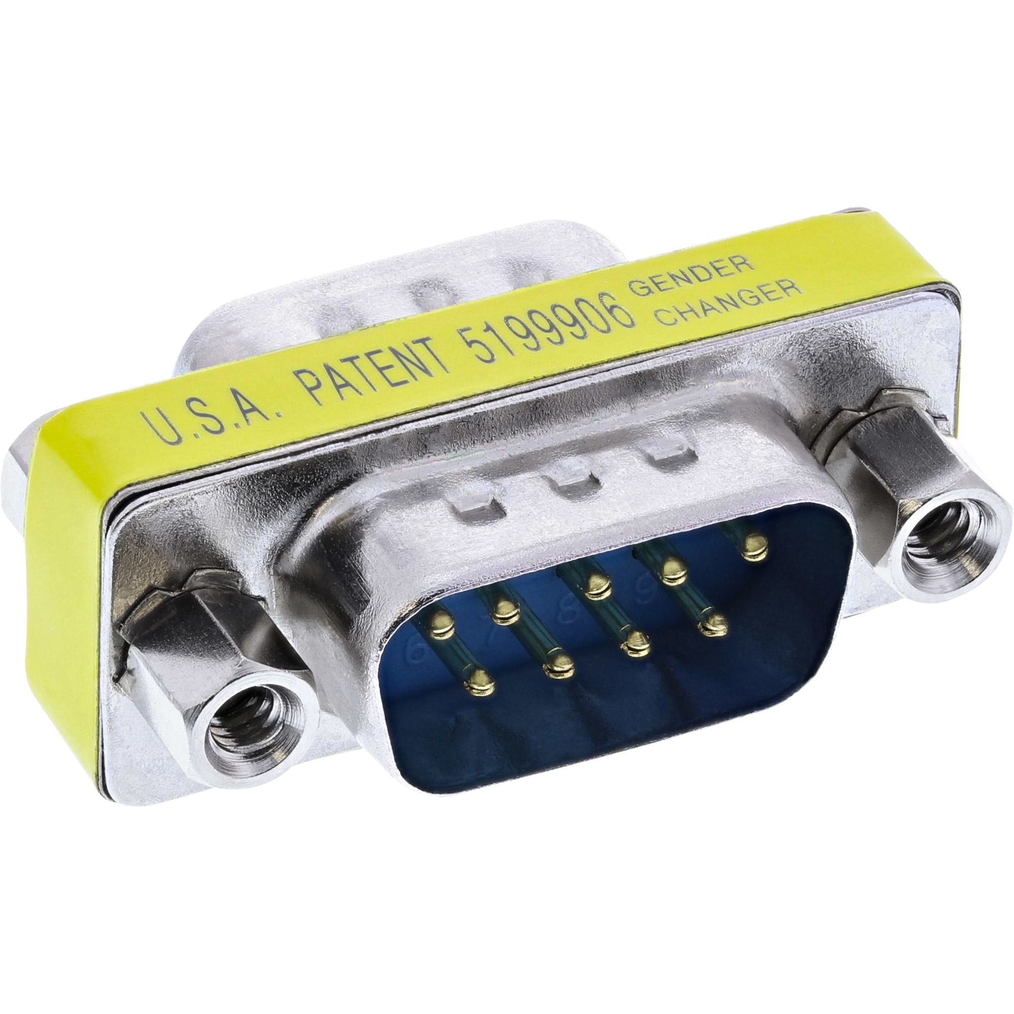 Ein silber-blauer Stecker. Gelbes Etikett mit "GENDER CHANGER" und Informationen. Weißer HG.