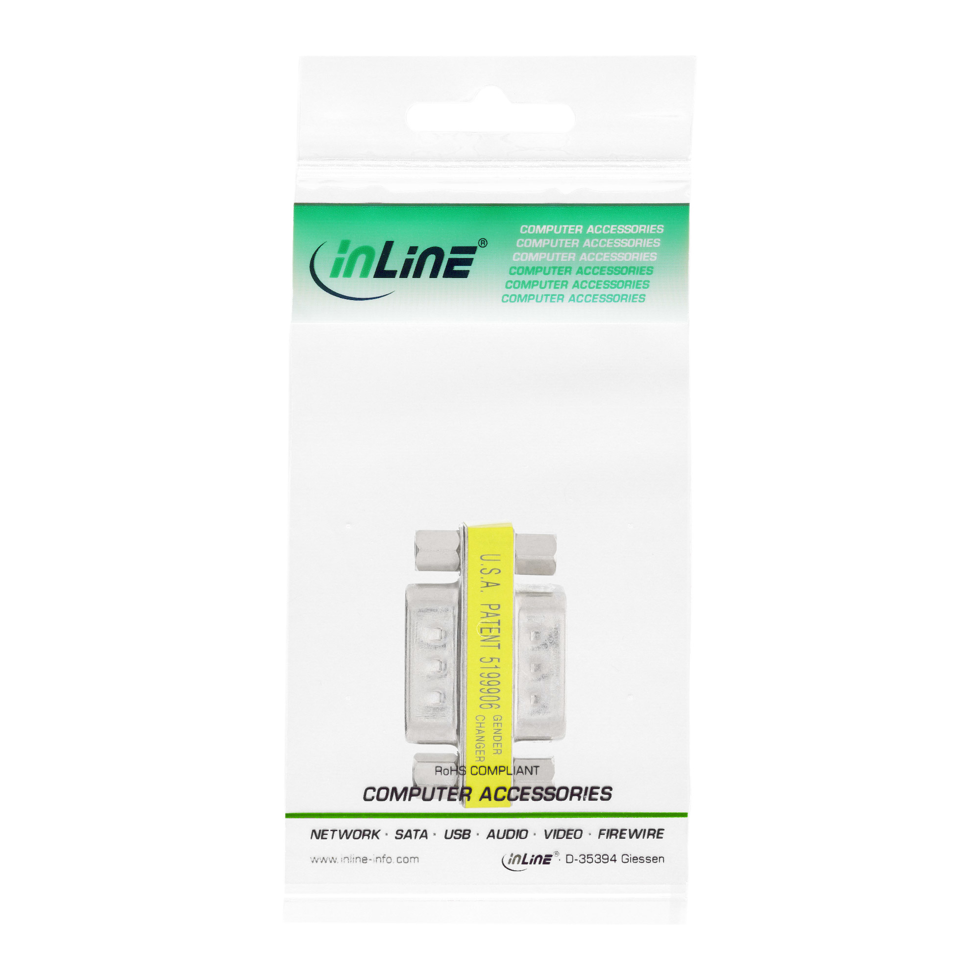 InLine Computerzubehör-Verpackung. Weiße und grüne Verpackung mit Produkt- und Markendetails.