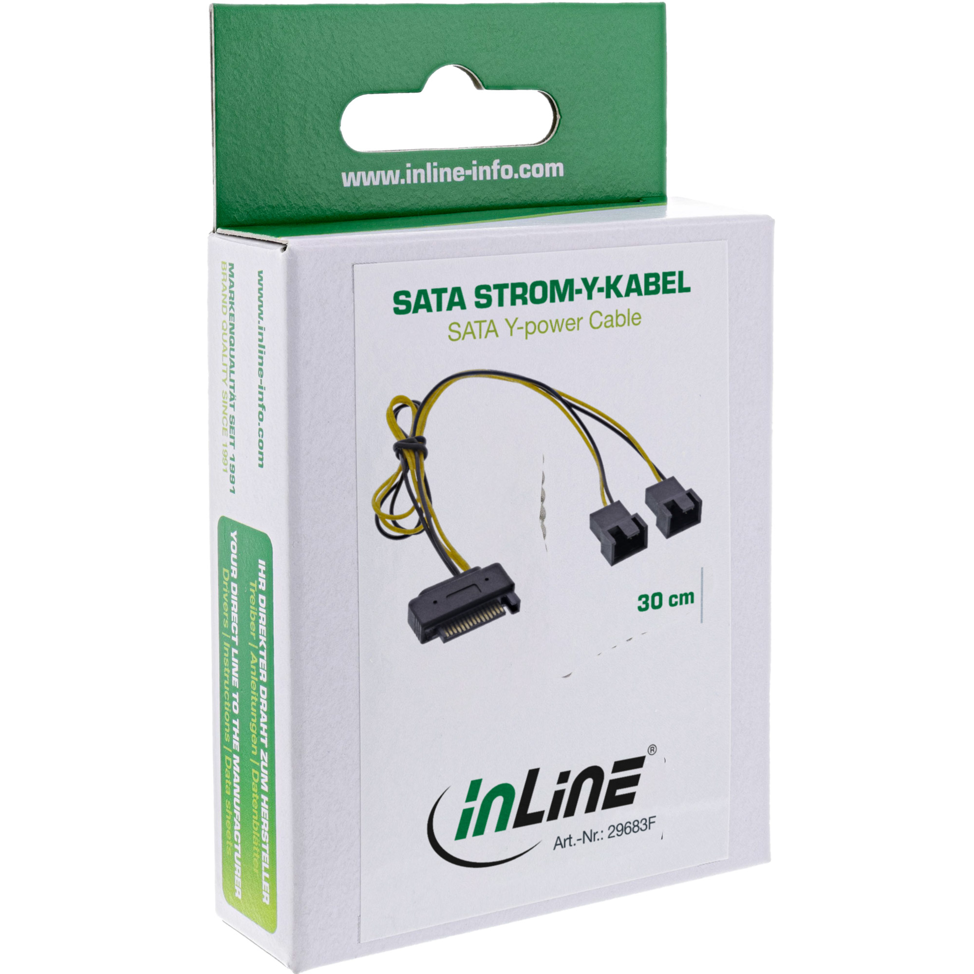 Eine weiße Schachtel eines SATA-Stromkabels. Es hat zwei schwarze Anschlüsse und einen SATA-Anschluss. Das Kabel ist gelb und schwarz.
