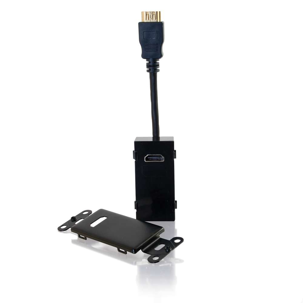 Adaptador HDMI negro con cable y placa de montaje blanca, sobre blanco.