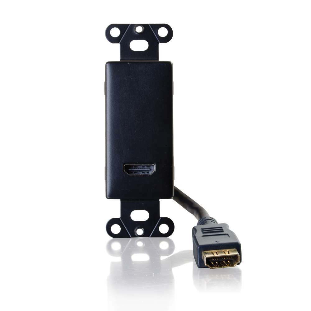 Placa de pared negra con puerto y cable HDMI, sobre fondo blanco.