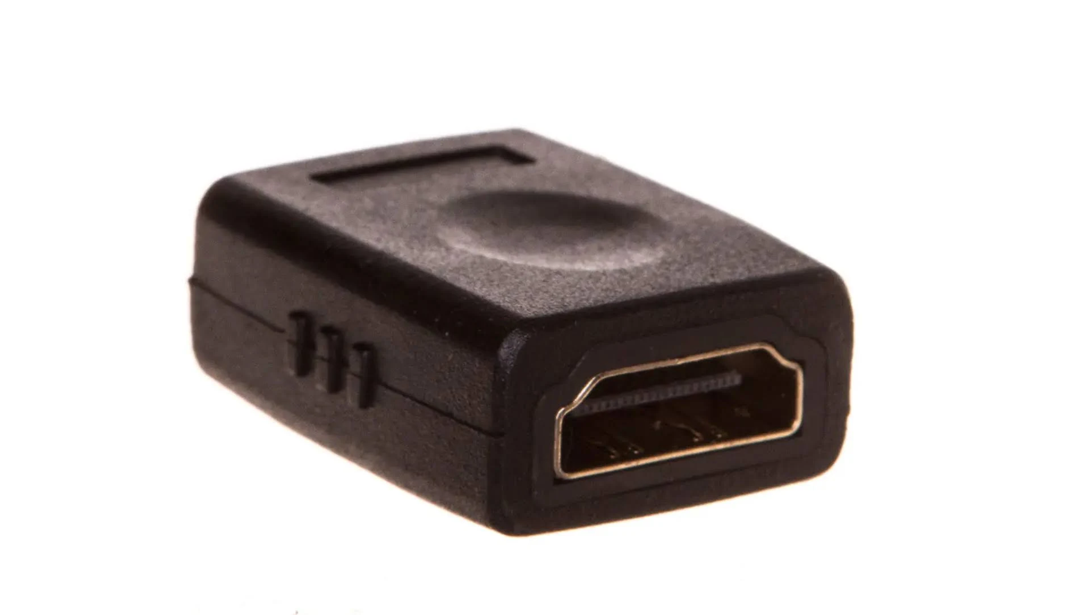 Schwarzer HDMI-Adapter, rechteckige Form, mit HDMI-Anschluss, auf Weiß.