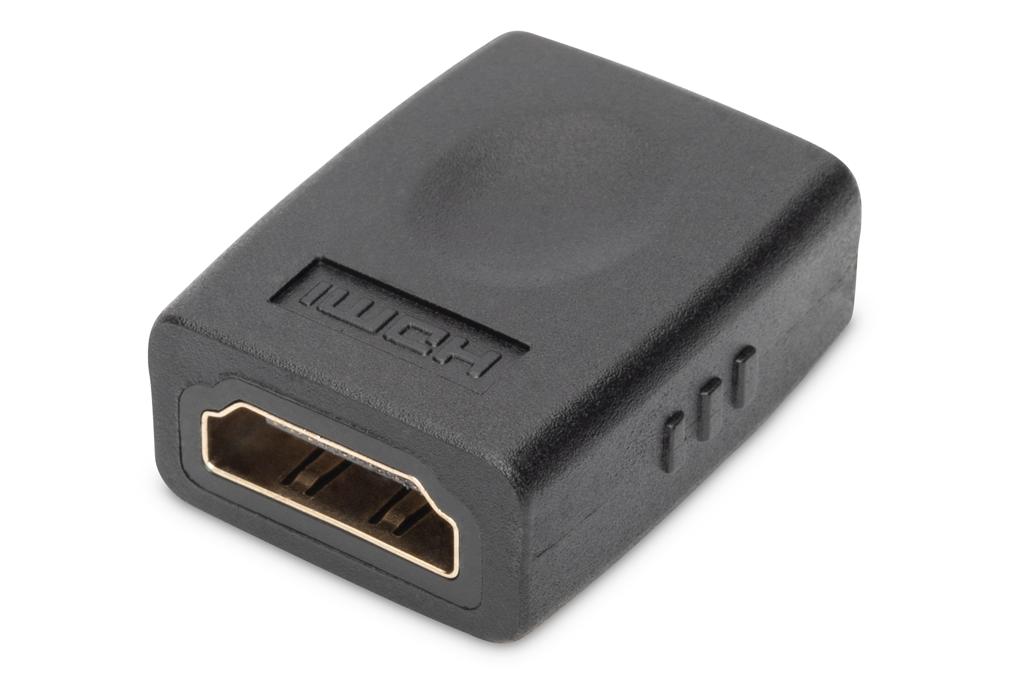 Schwarzer HDMI-Adapter, Winkelansicht. HDMI-Anschluss sichtbar. Weißer Hintergrund.