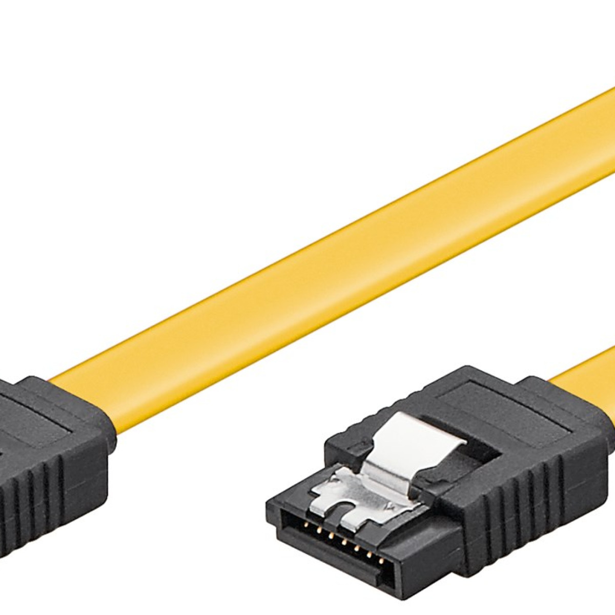 Un cavo SATA giallo con connettori neri, sfondo bianco.