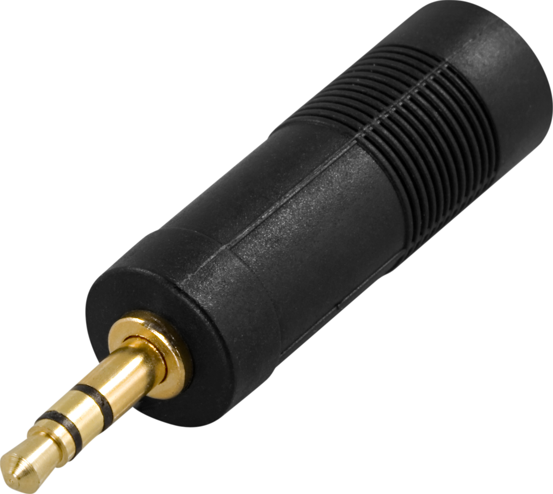 Adattatore jack audio nero con punta dorata.