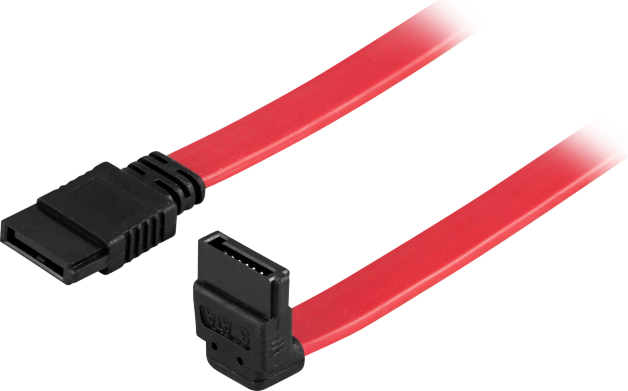 Cavo SATA rosso con connettori neri, angolato e dritto.