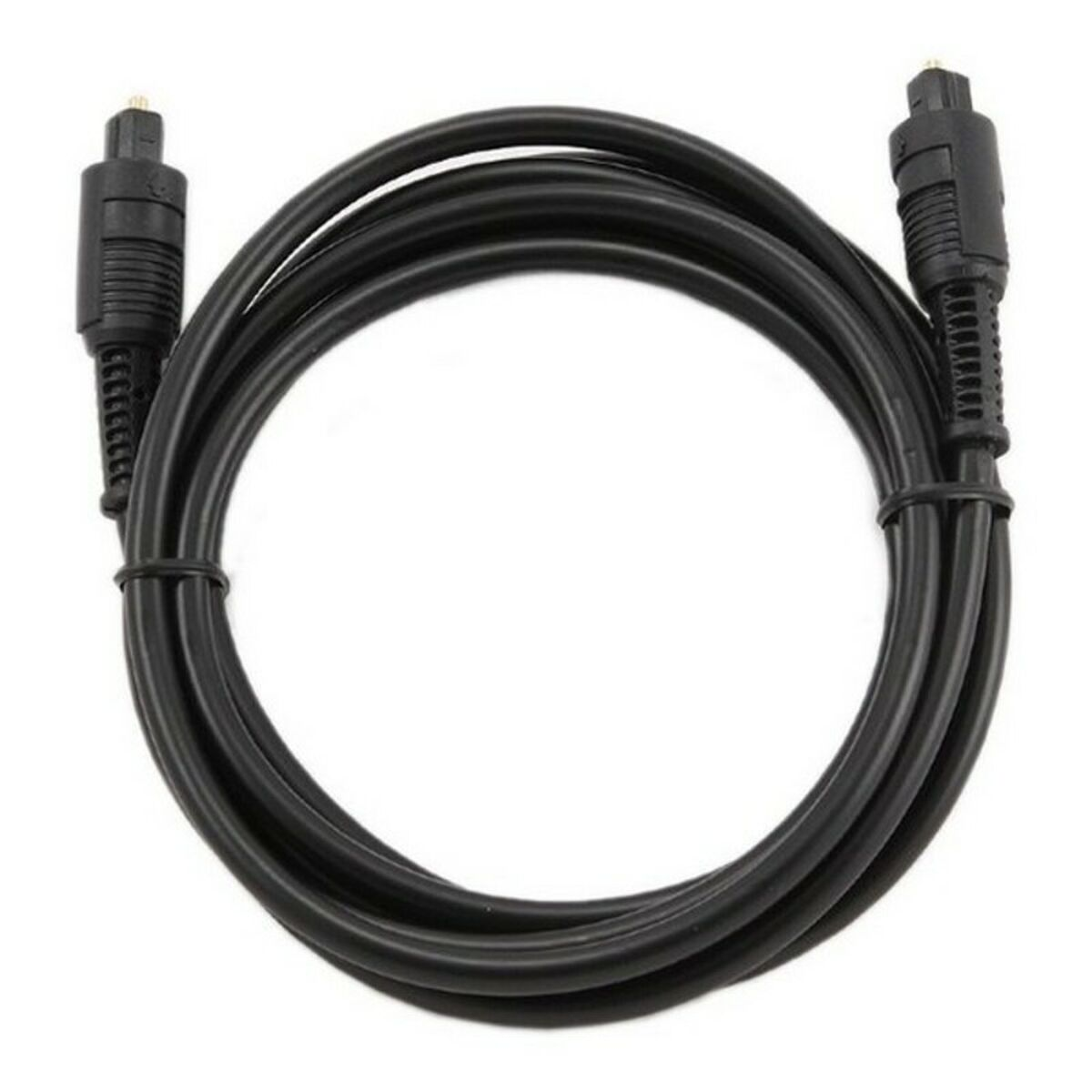 Czarny kabel audio optyczny ze złączami na każdym końcu. Białe tło.