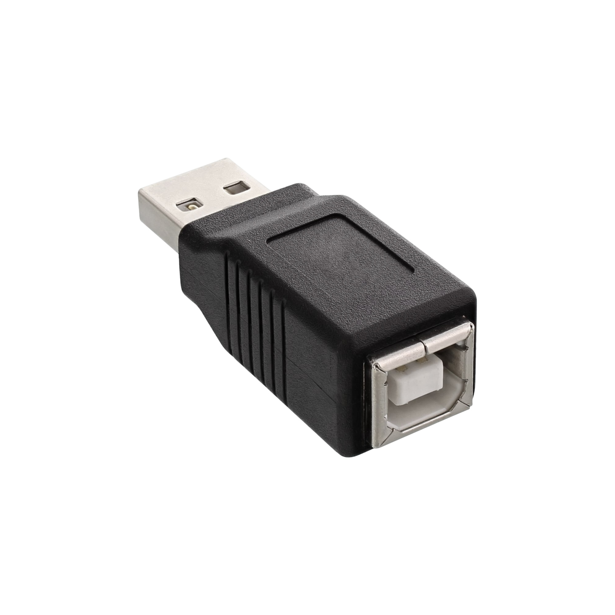 USB-zu-USB-B-Adapter. Er ist schwarz mit einem USB-A-Anschluss an einem Ende und USB-B am anderen.