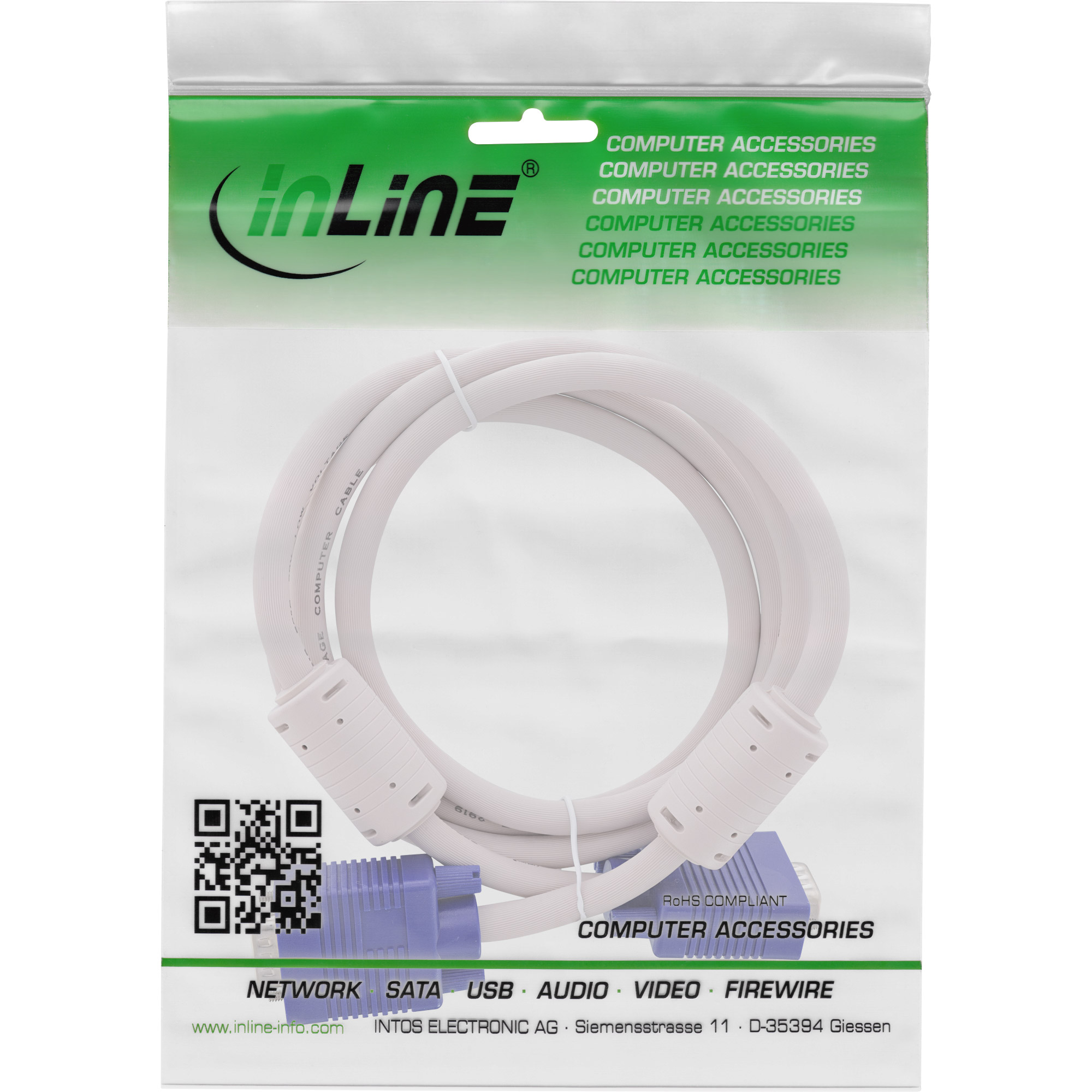 Confezione di plastica trasparente. Cavo bianco all'interno. Testo e loghi sulla confezione verde e bianca.