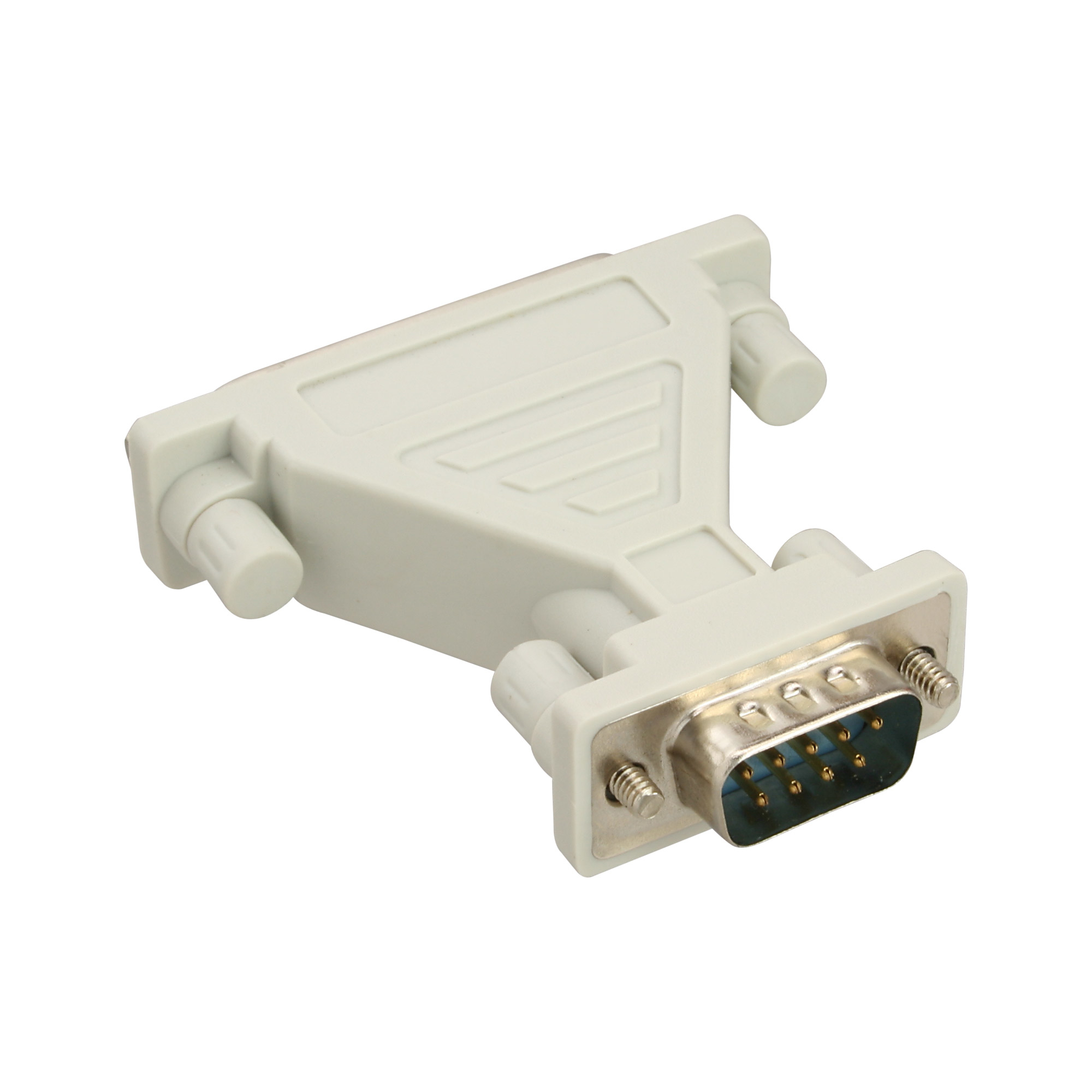 Ein grauer Stecker. Hat 9 Pins, Schrauben zur Sicherung. Hellgraue Farbe.