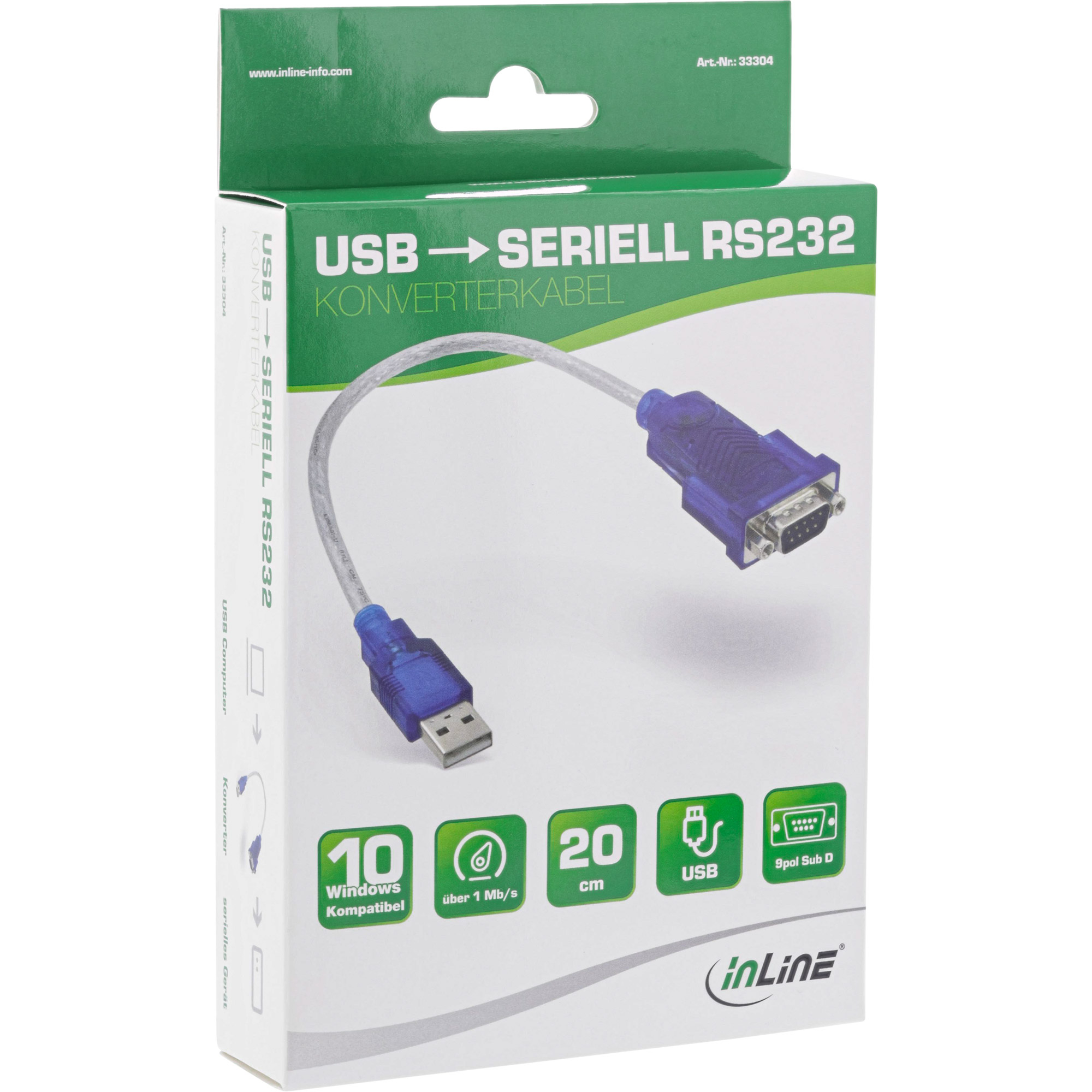 Viene mostrata una scatola di cavi convertitori da USB a seriale RS232. Il cavo è blu.