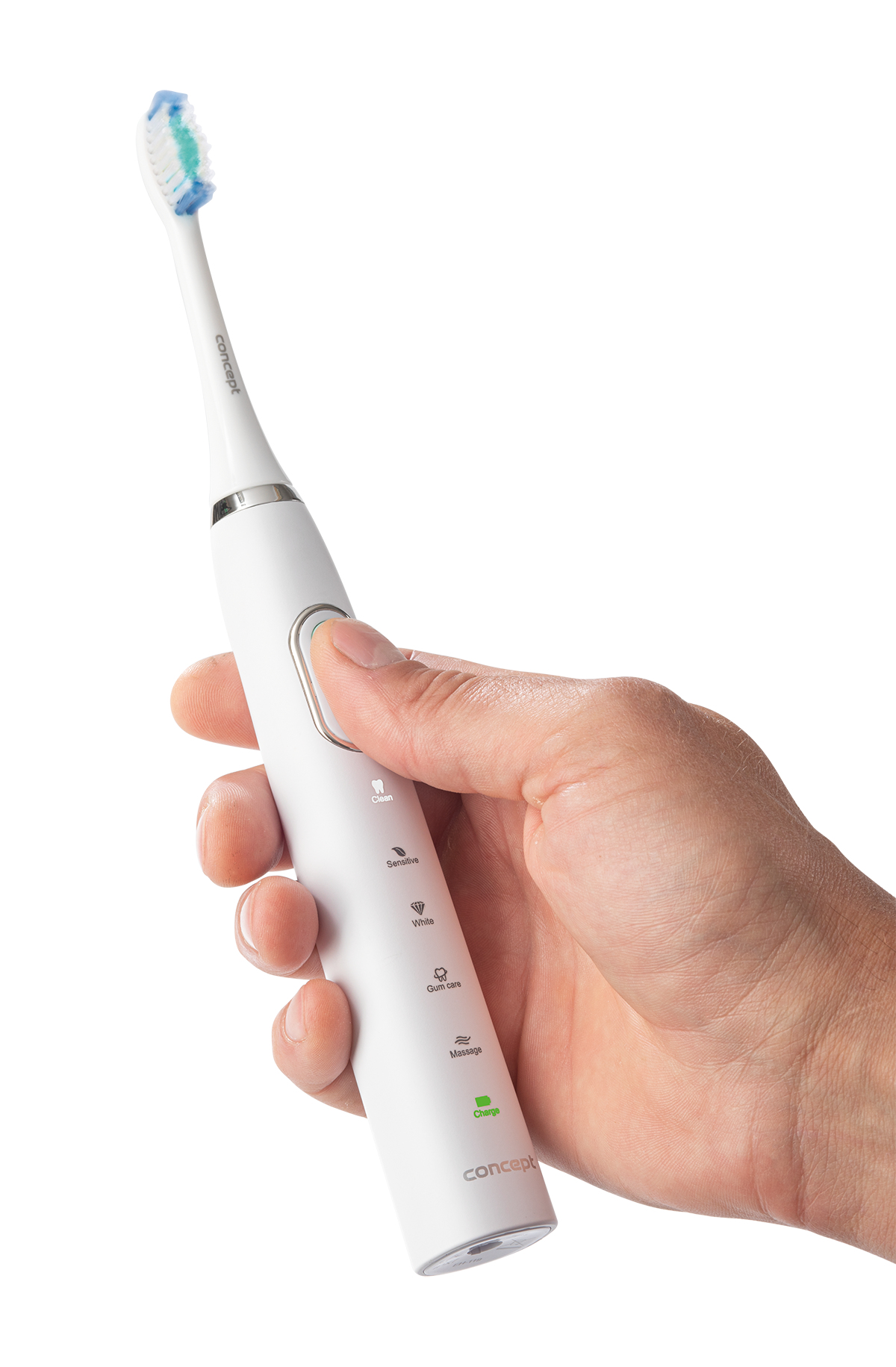 Hand hält eine weiße elektrische Zahnbürste.