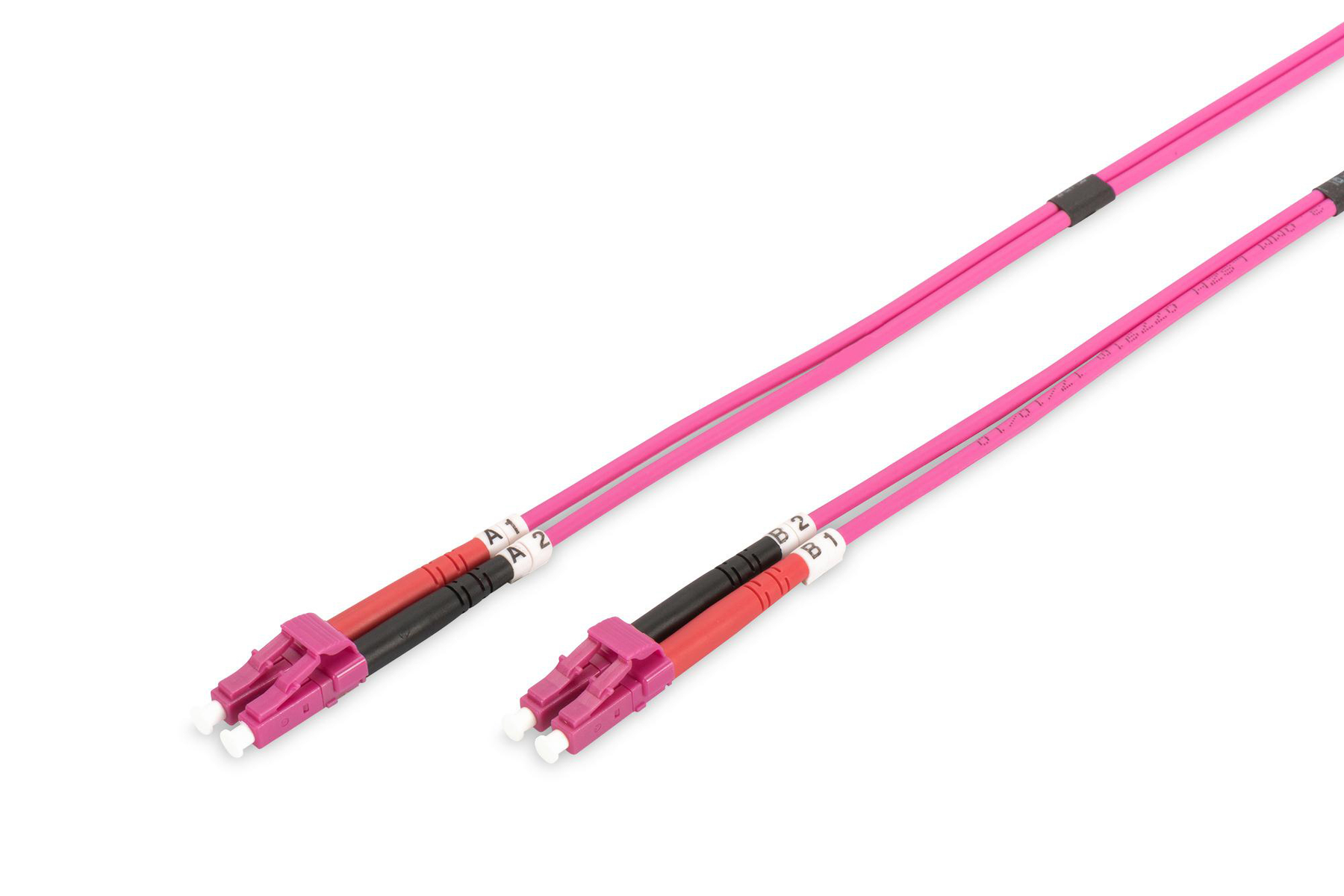 Deux câbles à fibre optique roses avec connecteurs, étiquetés A1-A2 et B1-B2, sur fond blanc.