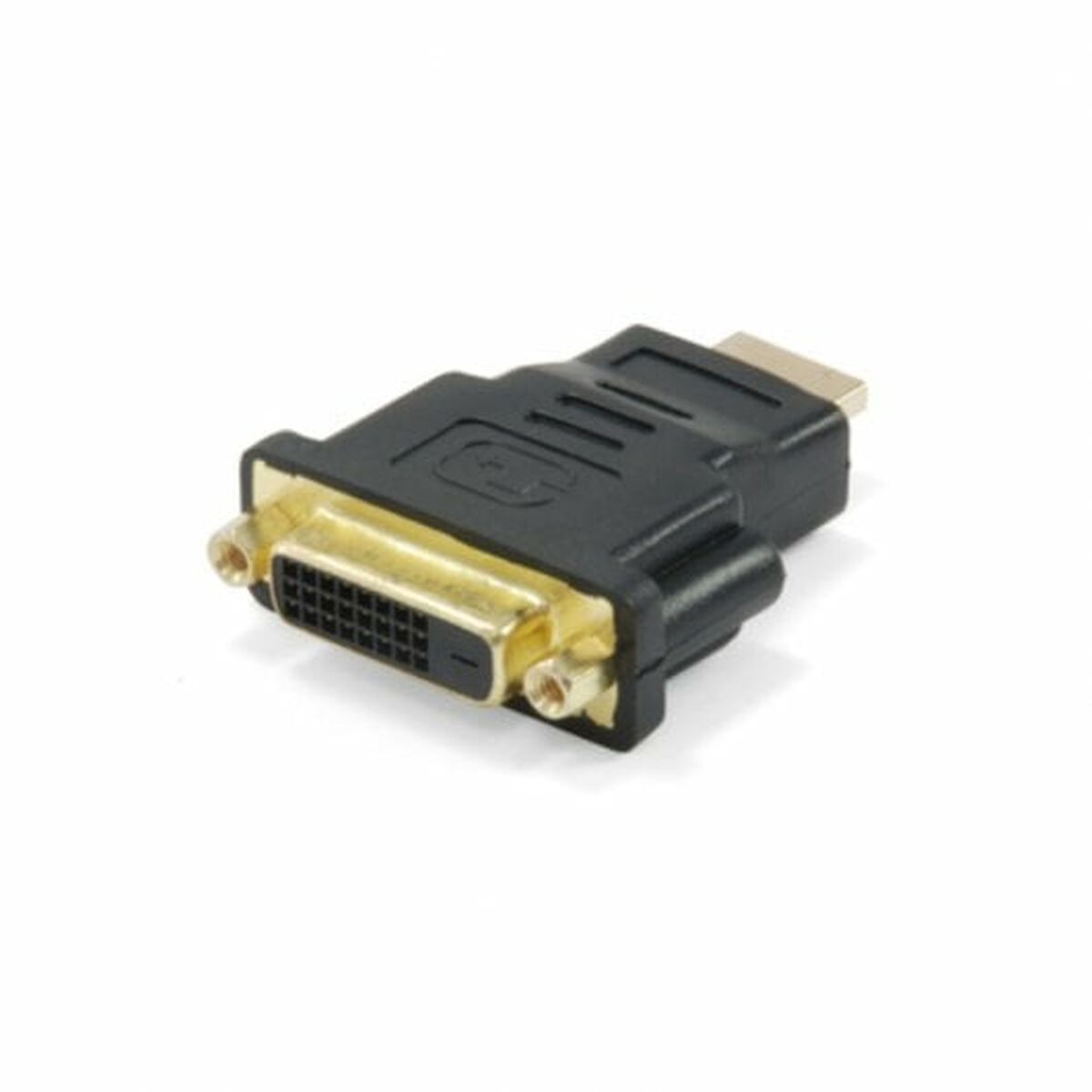 Un adattatore da DVI a HDMI nero. Sfondo bianco.